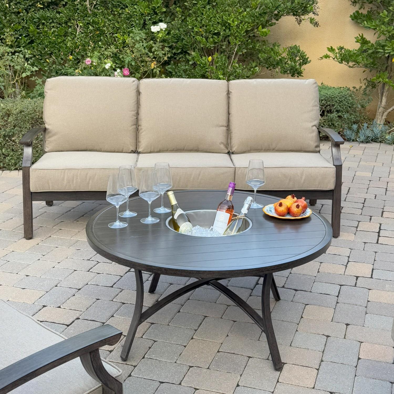 Atlantis 4 Pc Aluminum Seating Set  w/ Sofa, 2 Swivel Rocker Club Chairs & Ice Bucket in Walnut/Beige by Darlee - Sofa & Table - Lifestyle thumbnail