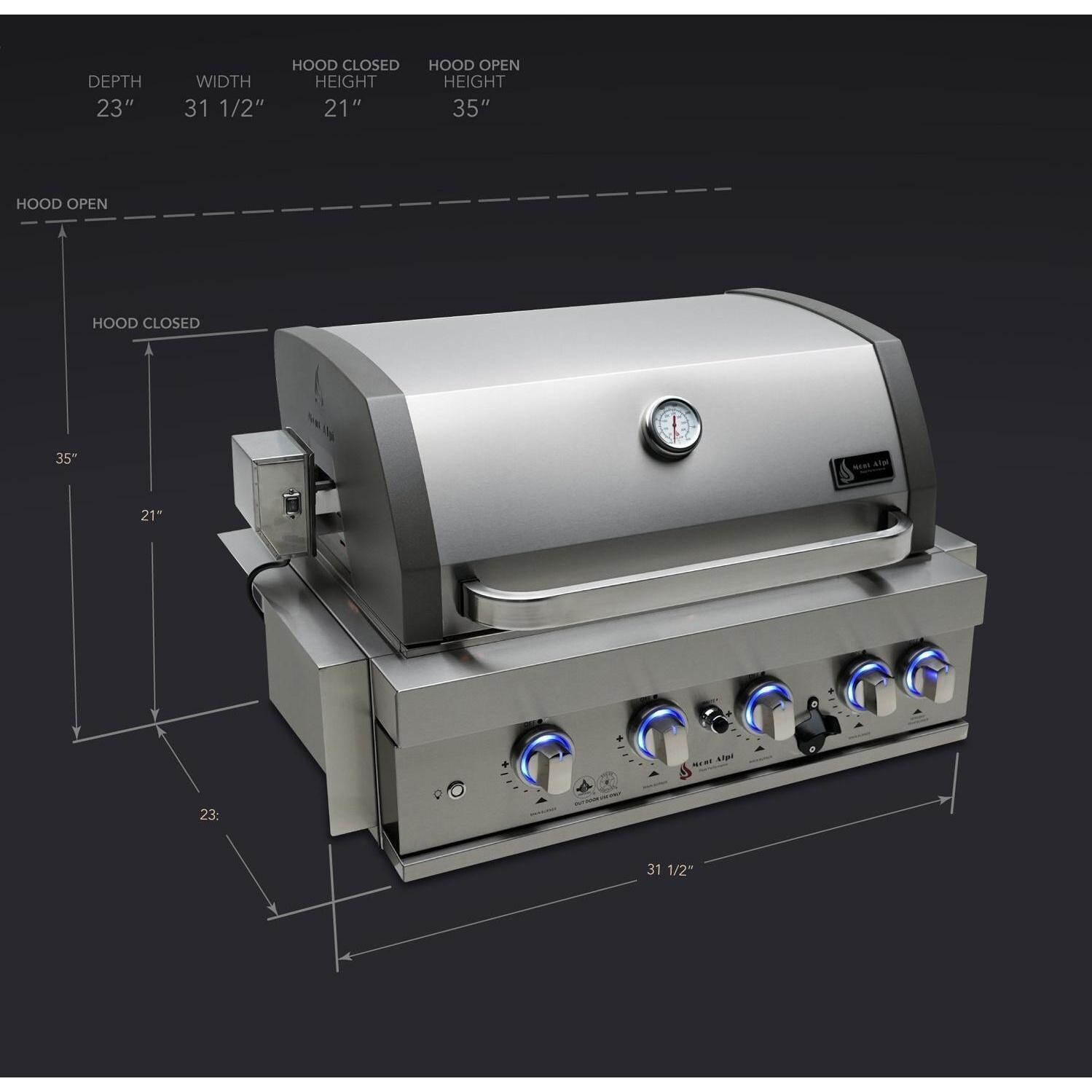Mont Alpi MA400-AW 4-Burner Stainless Steel Art-Wood Natural Gas Island Grill - Grill Head Only - Dimensional thumbnail