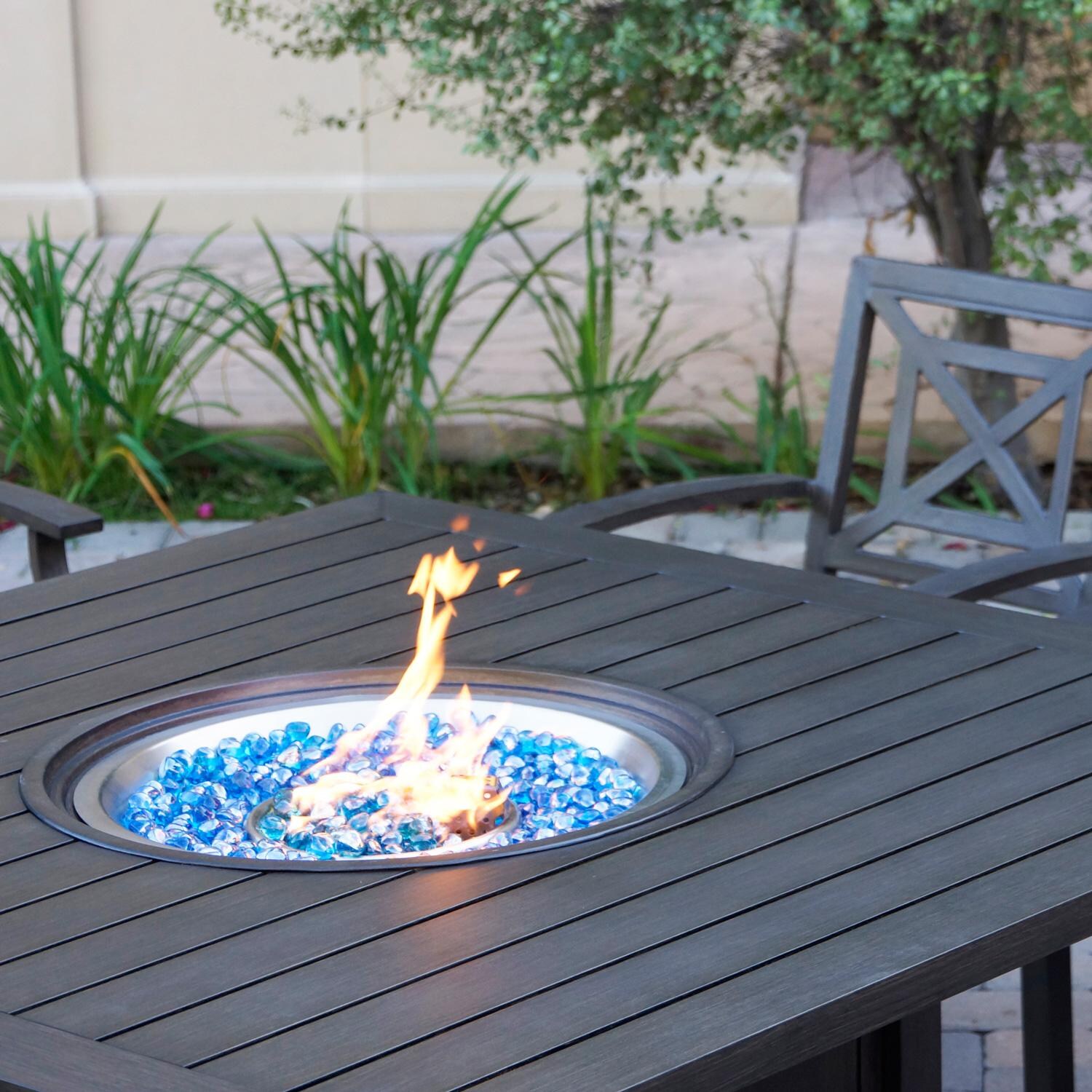 Darlee Brooklyn 60-Inch Aluminum Patio Square Propane Fire Pit Dining Table - Fire Pit Table in Use thumbnail