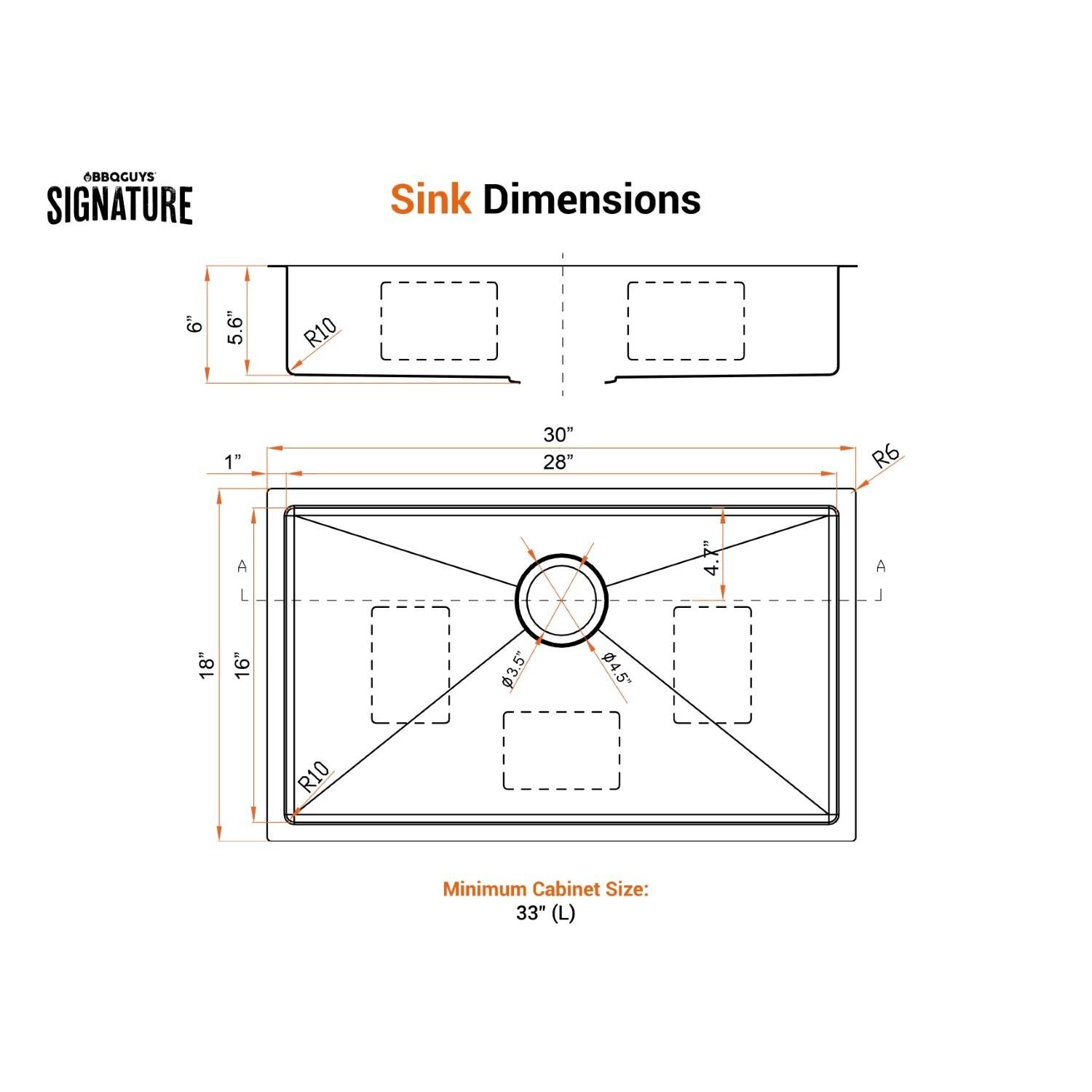BBQGuys Signature Undermount Stainless Steel 30-Inch Single Bowl ADA Sink W/Grid and Strainer - Dimensional thumbnail