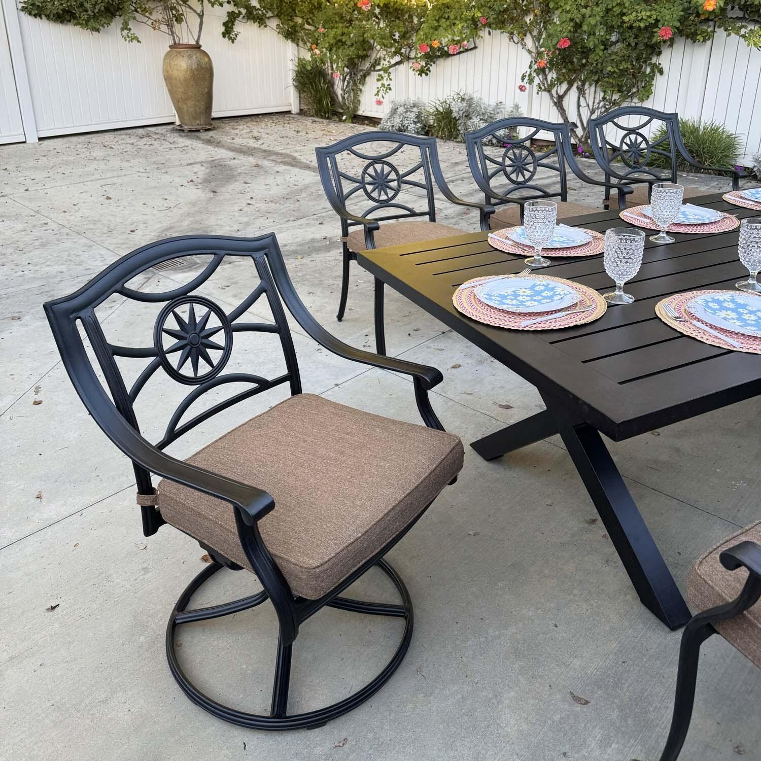 Ten Star 9 Pc Cast Aluminum Swivel / Rocker Dining Set in Antique Bronze/Sesame by Darlee - Swivel Rocker - Lifestyle thumbnail