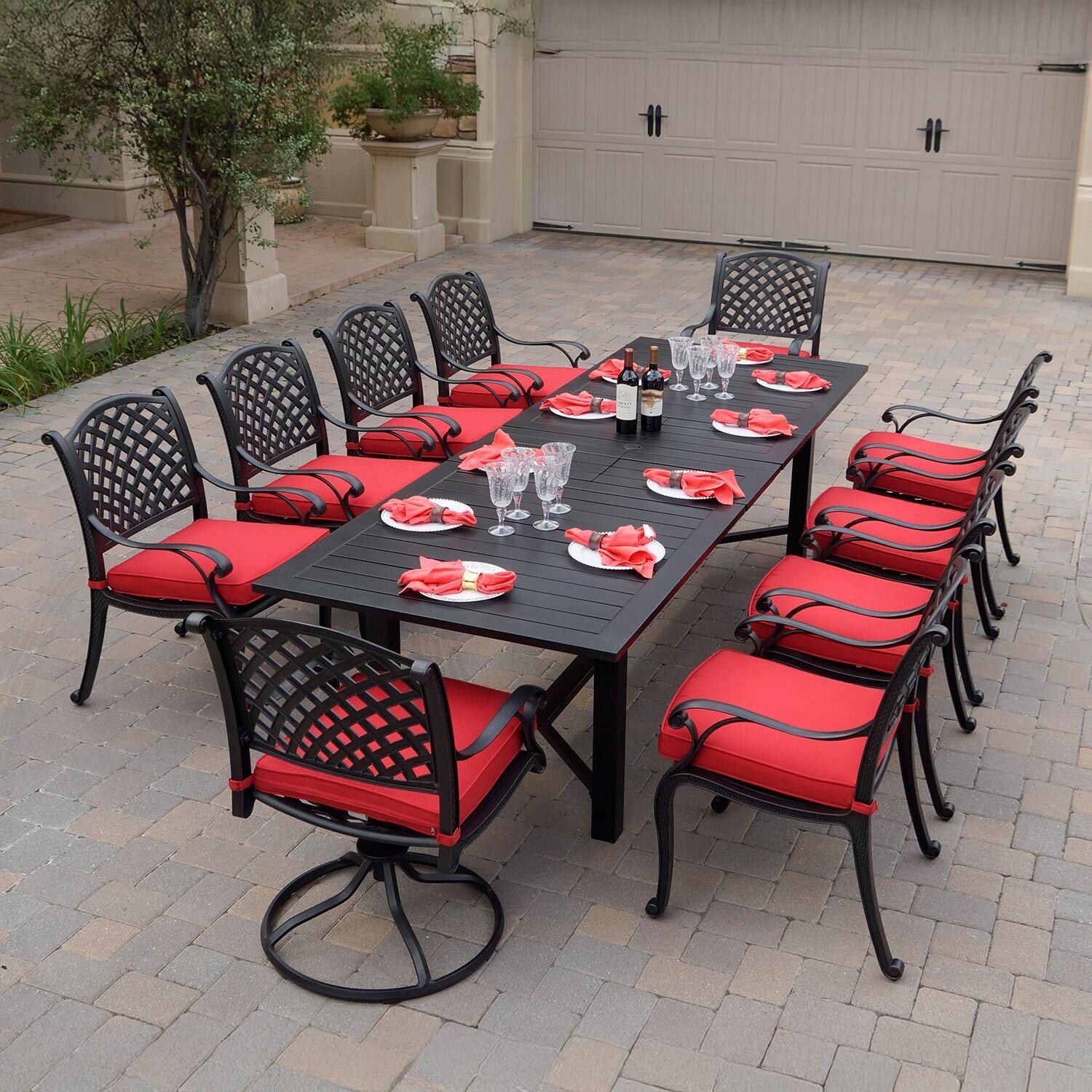 Darlee B/DL13-11PCDR-2350LE-R Nassau 11 Pc Cast Aluminum Dining Set w/ Rocker in Antique Bronze w/ Red Cushions - Set - Lifestyle thumbnail