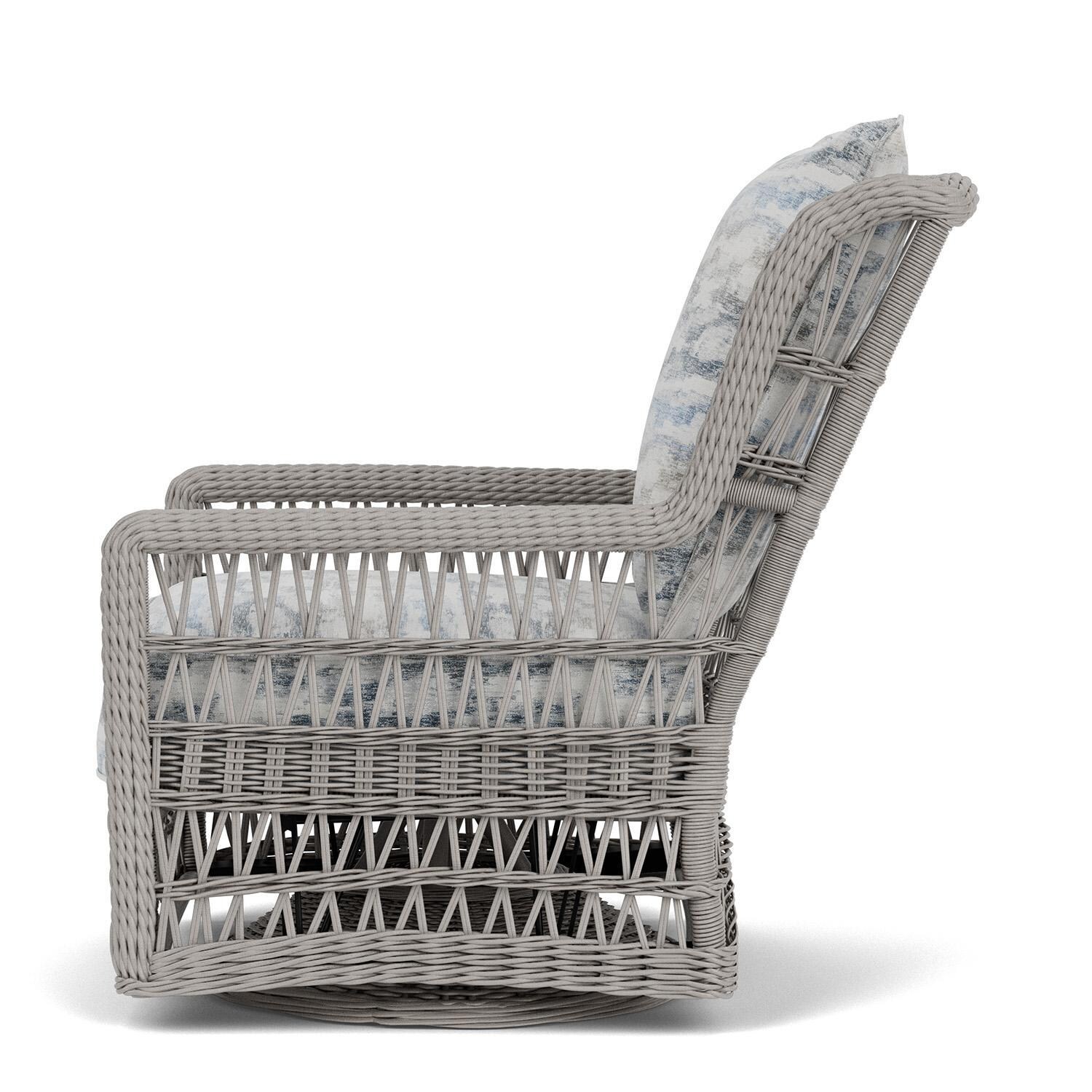 Lloyd Flanders Mackinac High Back Swivel Glider Lounge Chair in Putty Finish with Stratosphere Cloud Fabric - Left Side thumbnail