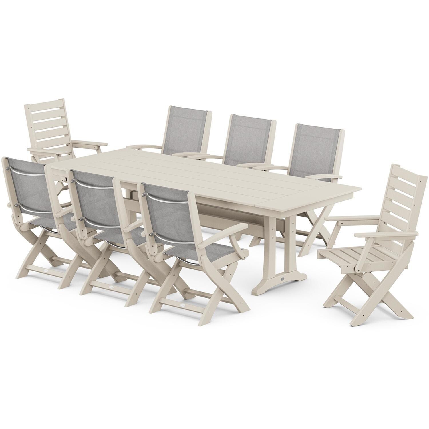 POLYWOOD x BBQGuys Creekside 9 Pc Recycled Plastic Dining Set W/ Parchment Sling in Sand
