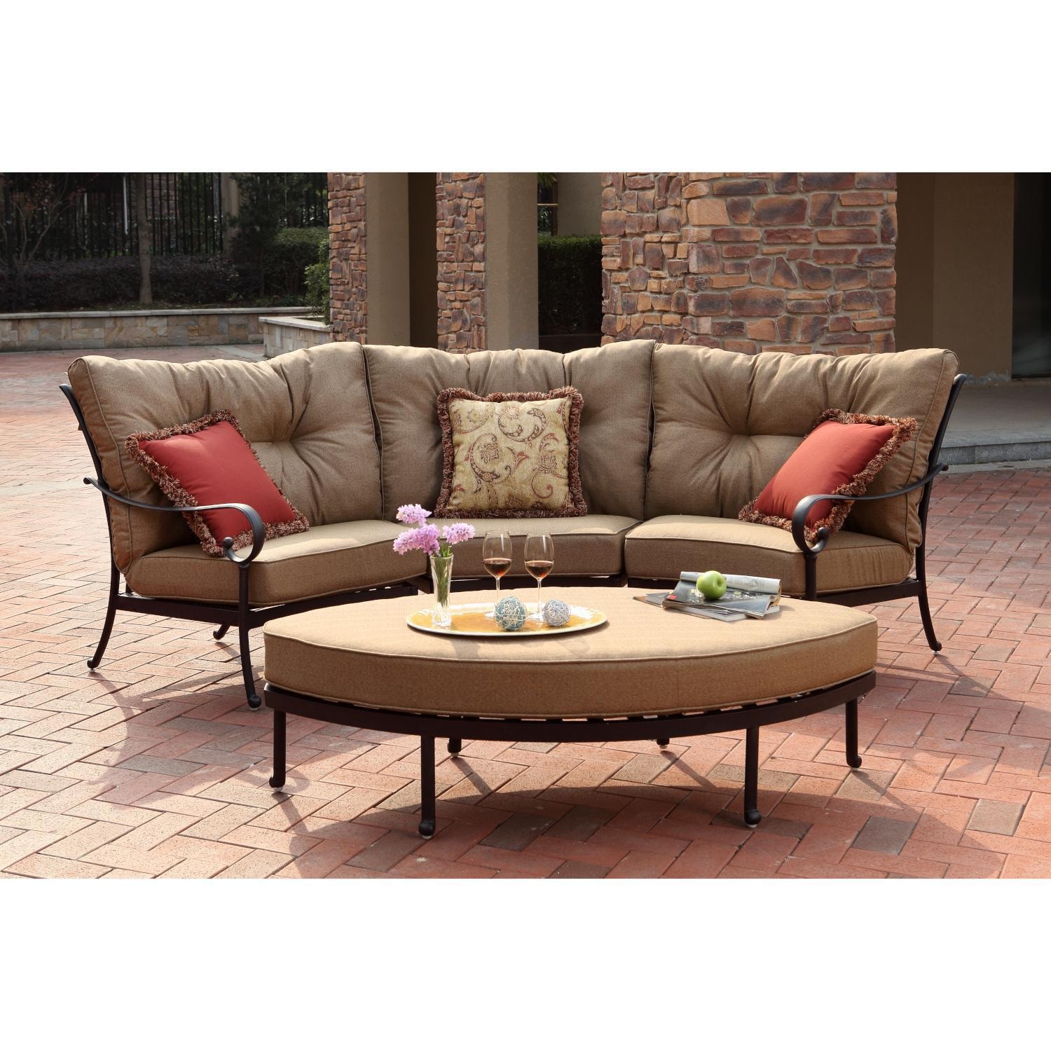 Santa Anita 4 Pc Cast Aluminum Patio Sectional Sofa Set w/ Leaf Ottoman & Heather Beige Sunbrella Cushions By Darlee - Back Patio (Pillows Not Included) - Full View - Lifestyle thumbnail