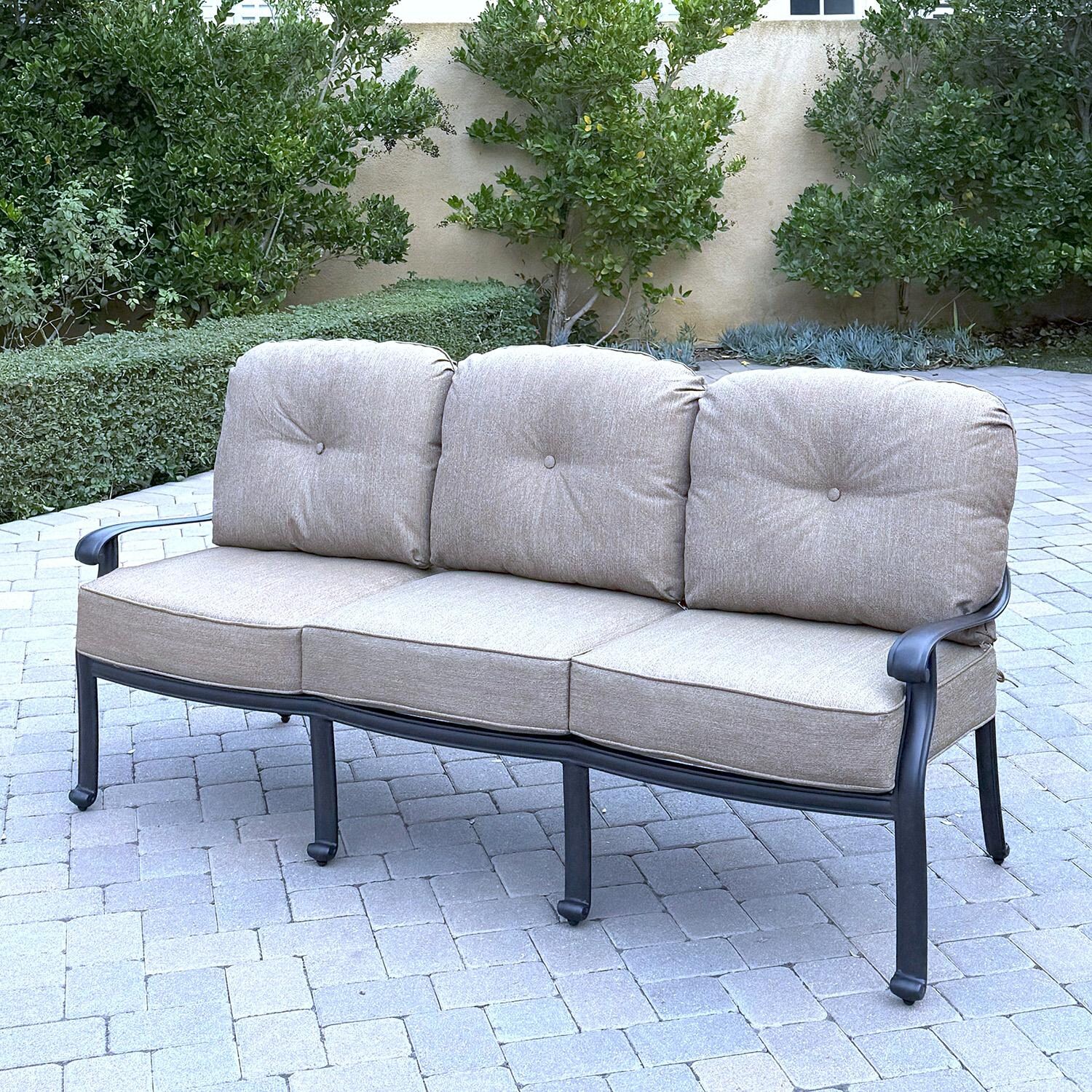 Darlee Elisabeth 2 Pc Cast Aluminum Seating Set w/ 42 X 21 Inch Series 30 Table & Throw Pillows in Antique Bronze/Beige - Sofa - Lifestyle thumbnail