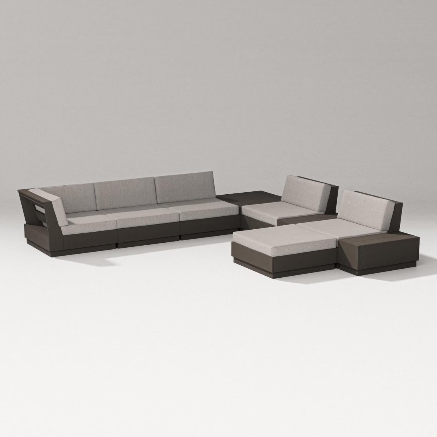 Elevate 9 Pc Recycled Plastic Sectional Seating Set in Vintage Coffee/Weathered Tweed By PW Designer Series
