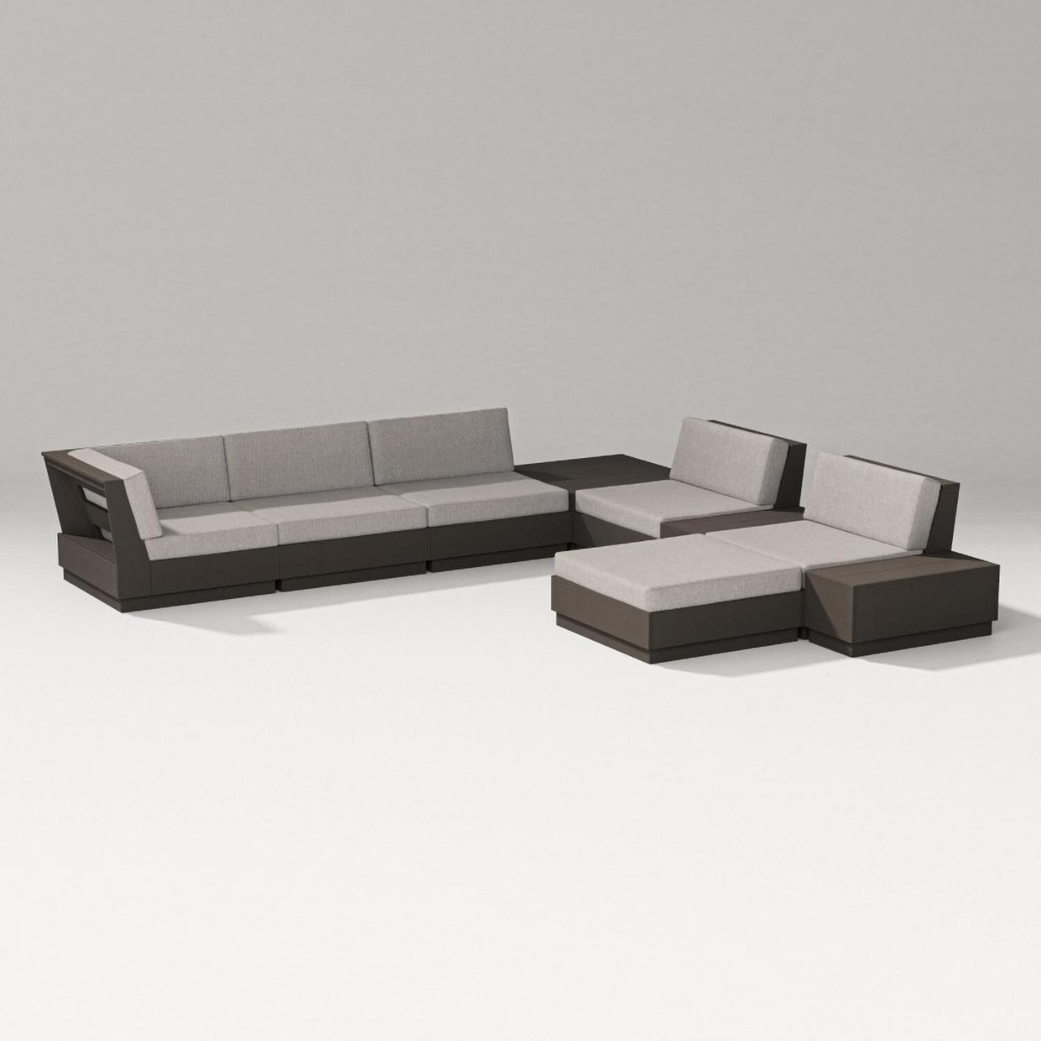 Elevate 9 Pc Recycled Plastic Sectional Seating Set in Vintage Coffee/Weathered Tweed By PW Designer Series