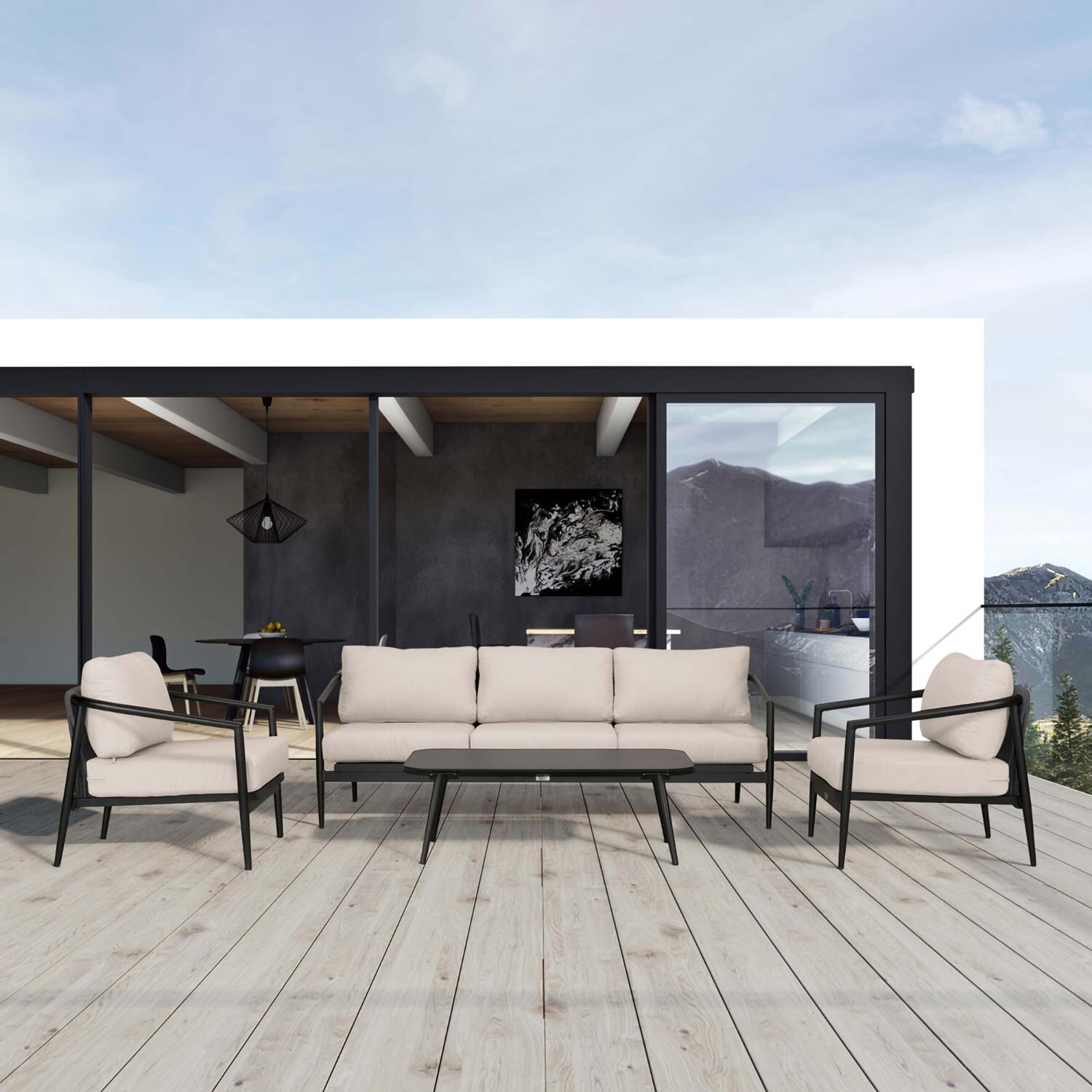 Midnight Cove 4 Pc Aluminum Seating Set w/ Sofa in Black/Cast Silver by Lakeview Outdoor Designs
