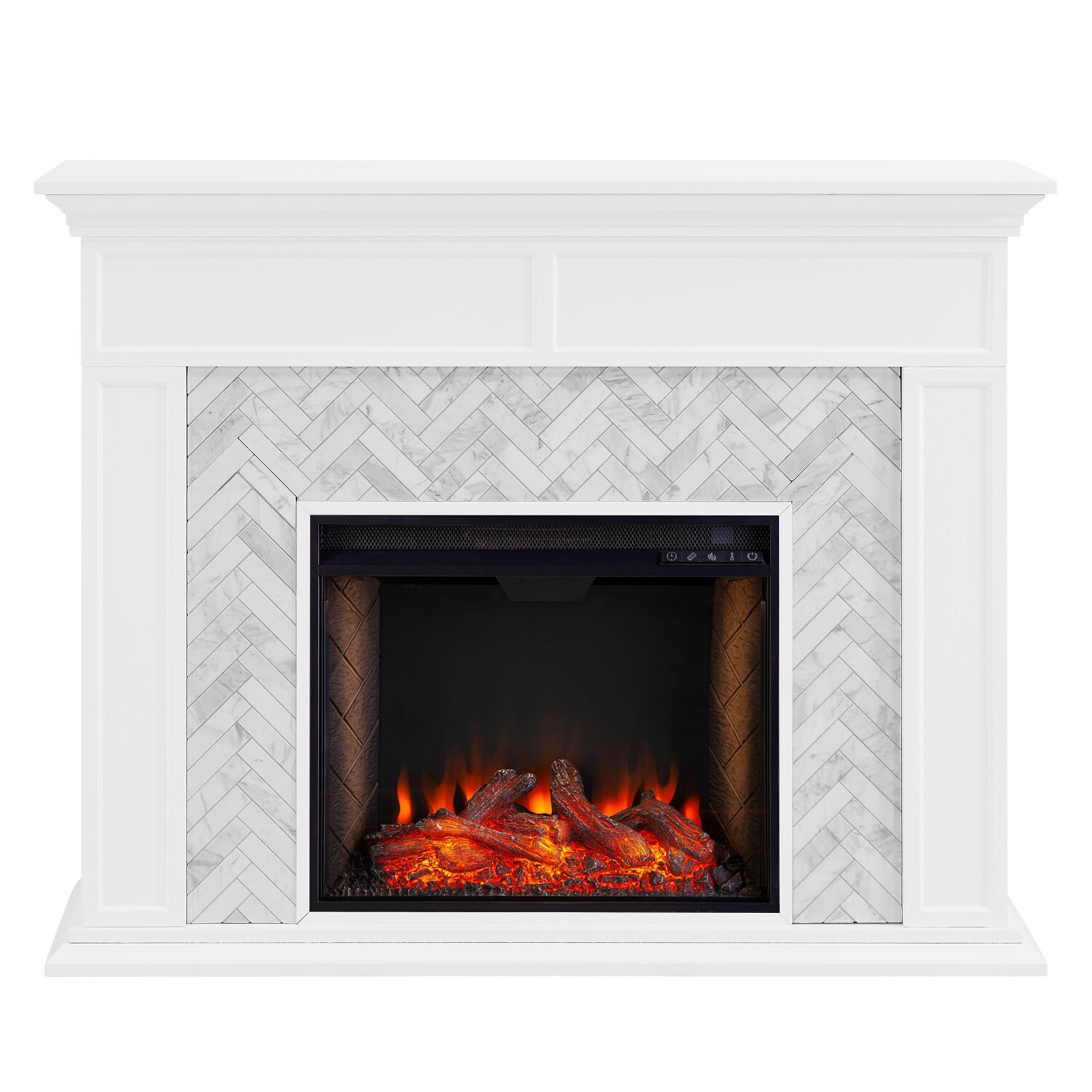 Southern Enterprises FS1009359 Torlington 50-Inch Electric Fireplace W/ Alexa-Enabled Firebox - White W/ Gray & White Marble Tile - Front View thumbnail