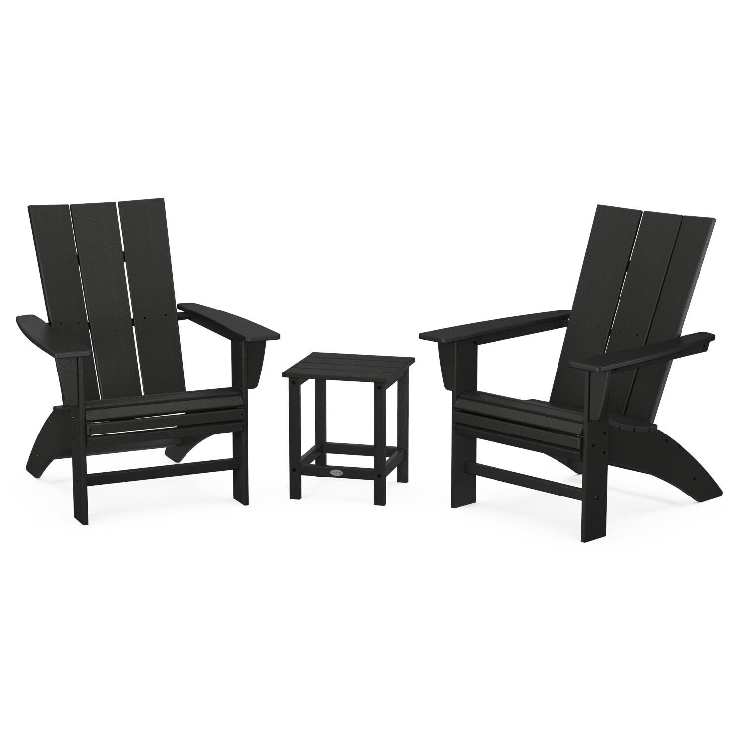 Modern Adirondack 3 Pc Recycled Plastic Seating Set w/ Curveback Chairs & Long Island End Table in Black by POLYWOOD