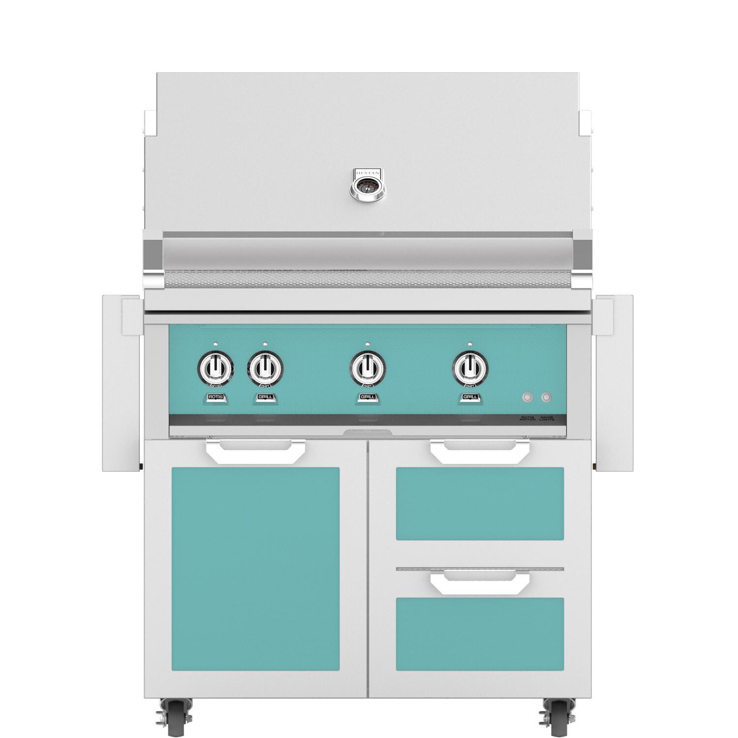 Hestan 36-Inch Propane Gas Grill W/ All Infrared Burners & Rotisserie On Double Drawer & Door Tower Cart - Bora Bora - GSBR36-LP-TQ