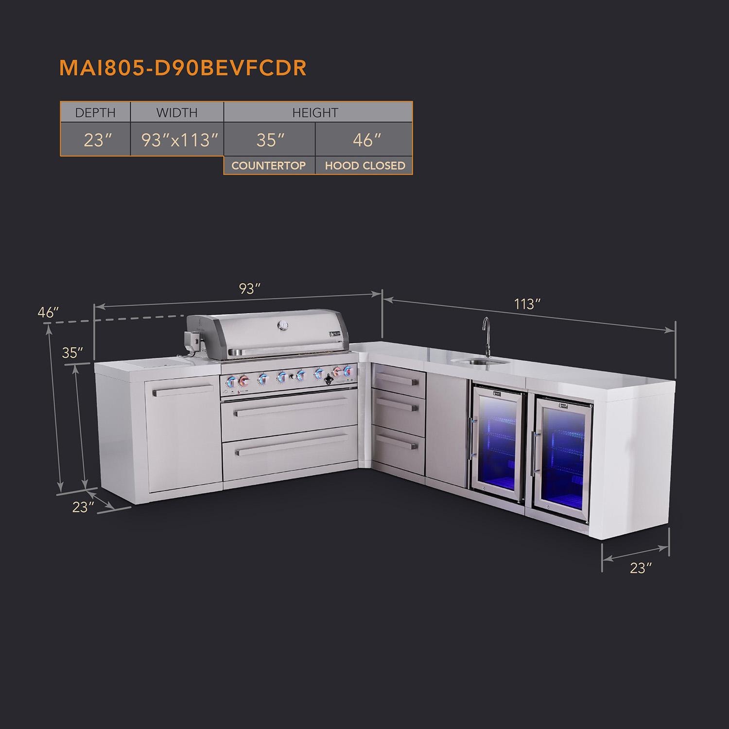 Mont Alpi Deluxe Series 11 Ft L-Shaped Natural Gas Outdoor Kitchen Island w/ 44-in Grill, Side Burner, Beverage Center, Fridge & Triple Drawer (Ships Propane w/ Conversion Kit) - Dimensions - Dimensional thumbnail
