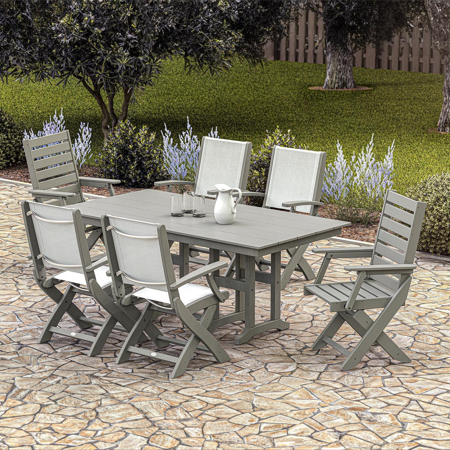 POLYWOOD x BBQGuys Creekside 7 Pc Recycled Plastic Dining Set w/ White Sling in Gray