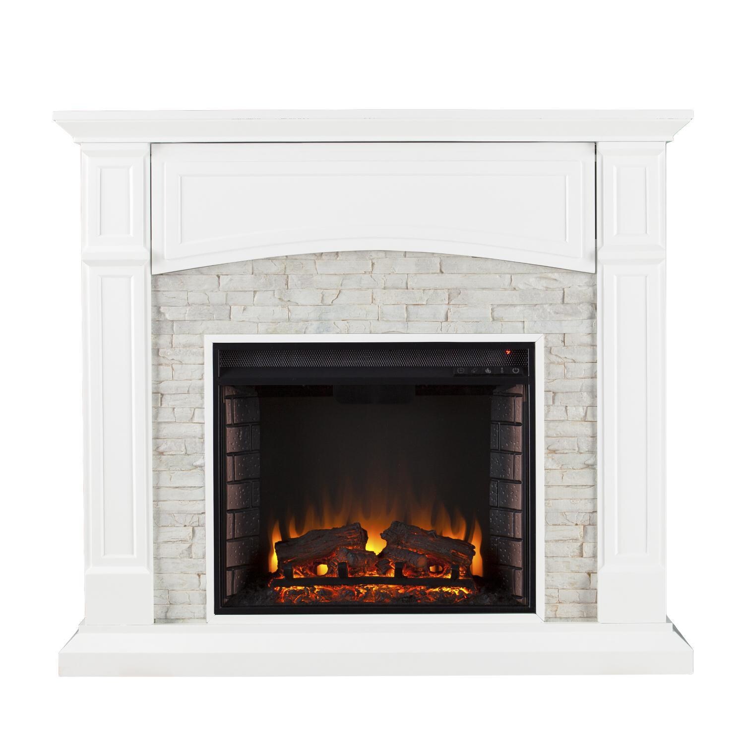 Southern Enterprises Seneca 45-Inch Electric Fireplace Mantel - Crisp White W/ Rustic White Faux Stone - FE9362 - Front View thumbnail