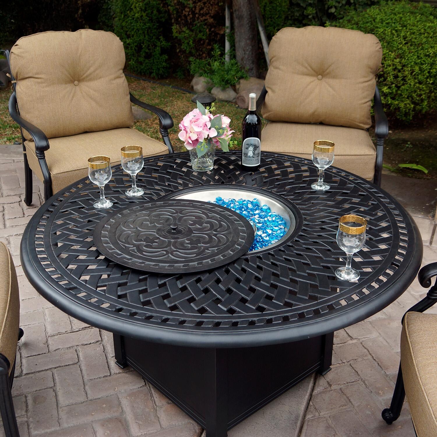 Darlee Round Patio Conversation Table With Propane Fire Pit in Antique Bronze - Shown w/ Chairs (Not Included) - Lifestyle thumbnail