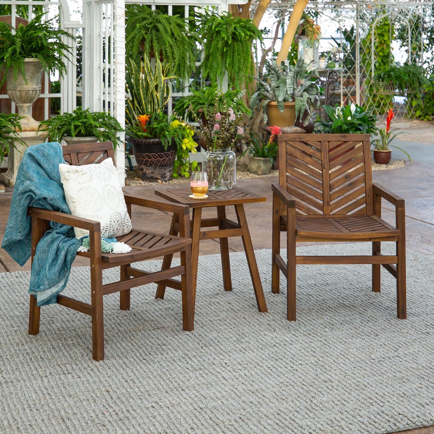 Walker Edison Vincent 3 Piece Acacia Patio Conversation Set W/ 18 Inch Square End Table - Dark Brown image