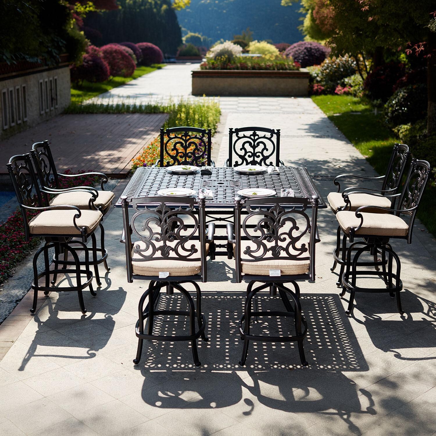 Santa Barbara 9 Pc Cast Aluminum Counter Height Dining Set w/ 60 Inch Square Series 88 Table in Antique Bronze/Beige Canvas by Darlee