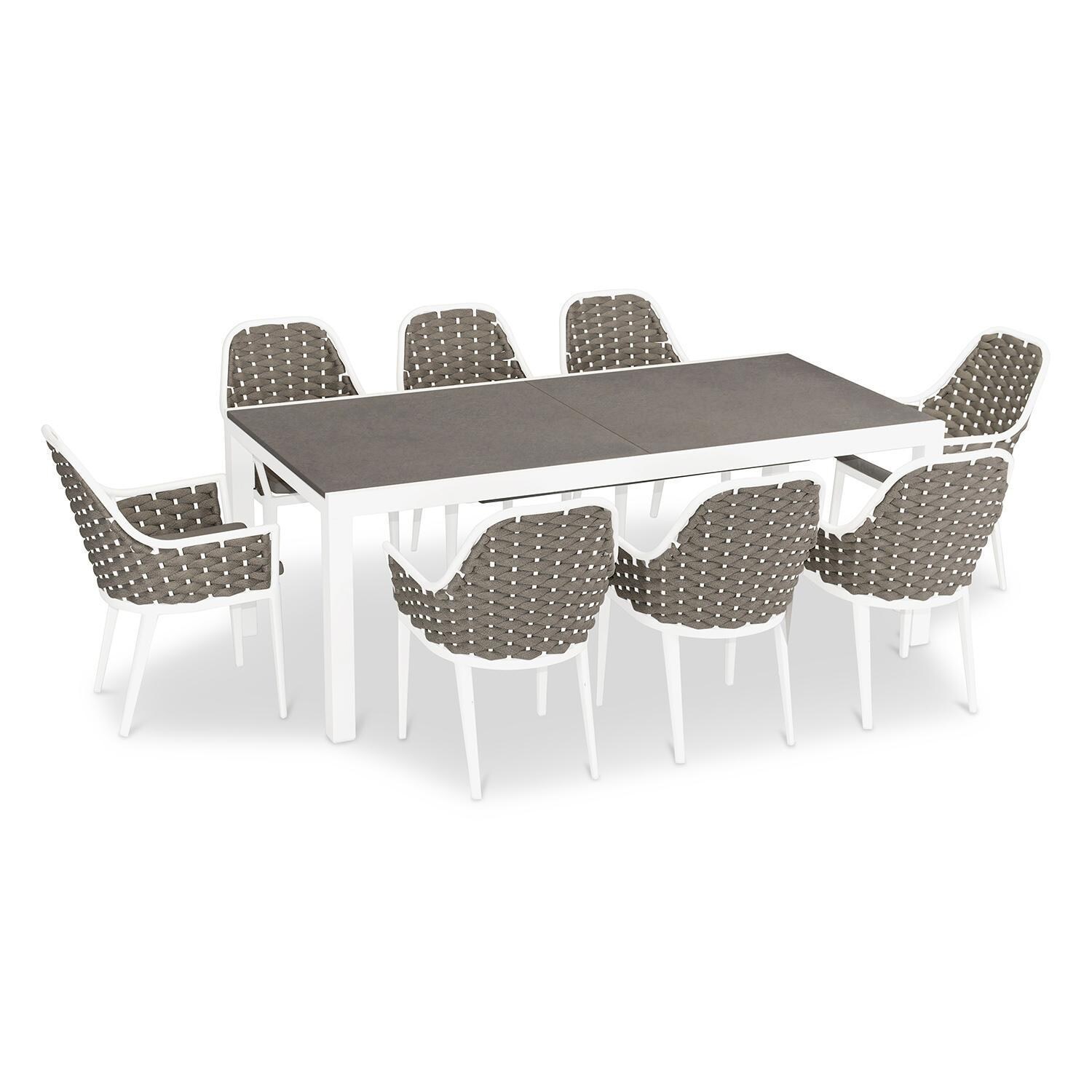 Chloe Bay 9 Pc Aluminum Extendable Dining Set in White/Concrete by Lakeview - Top Angle View thumbnail