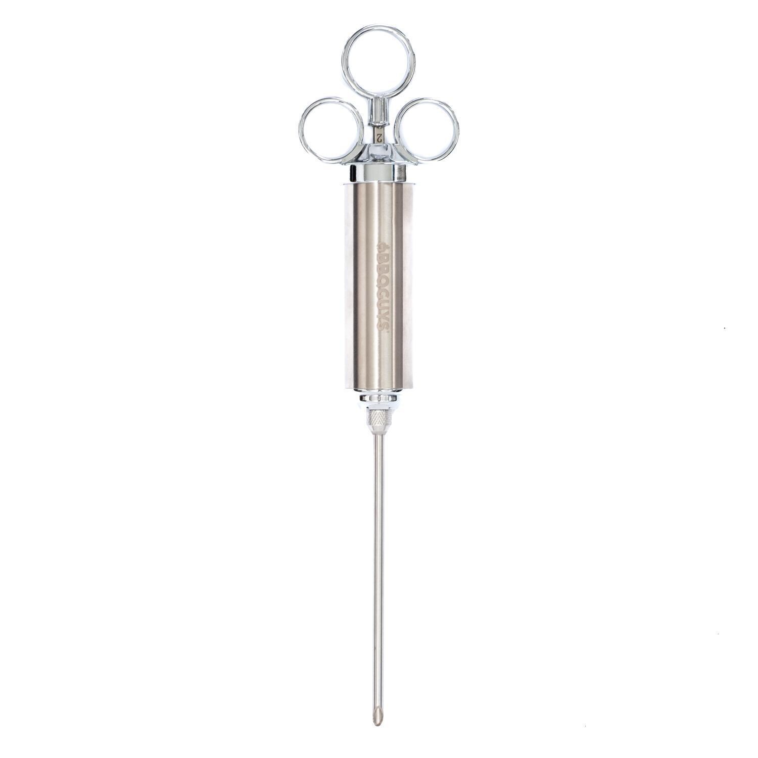 BBQGuys Signature BBQ-MIJ Stainless Steel Meat Injector - Long Needle Installed - White Background thumbnail