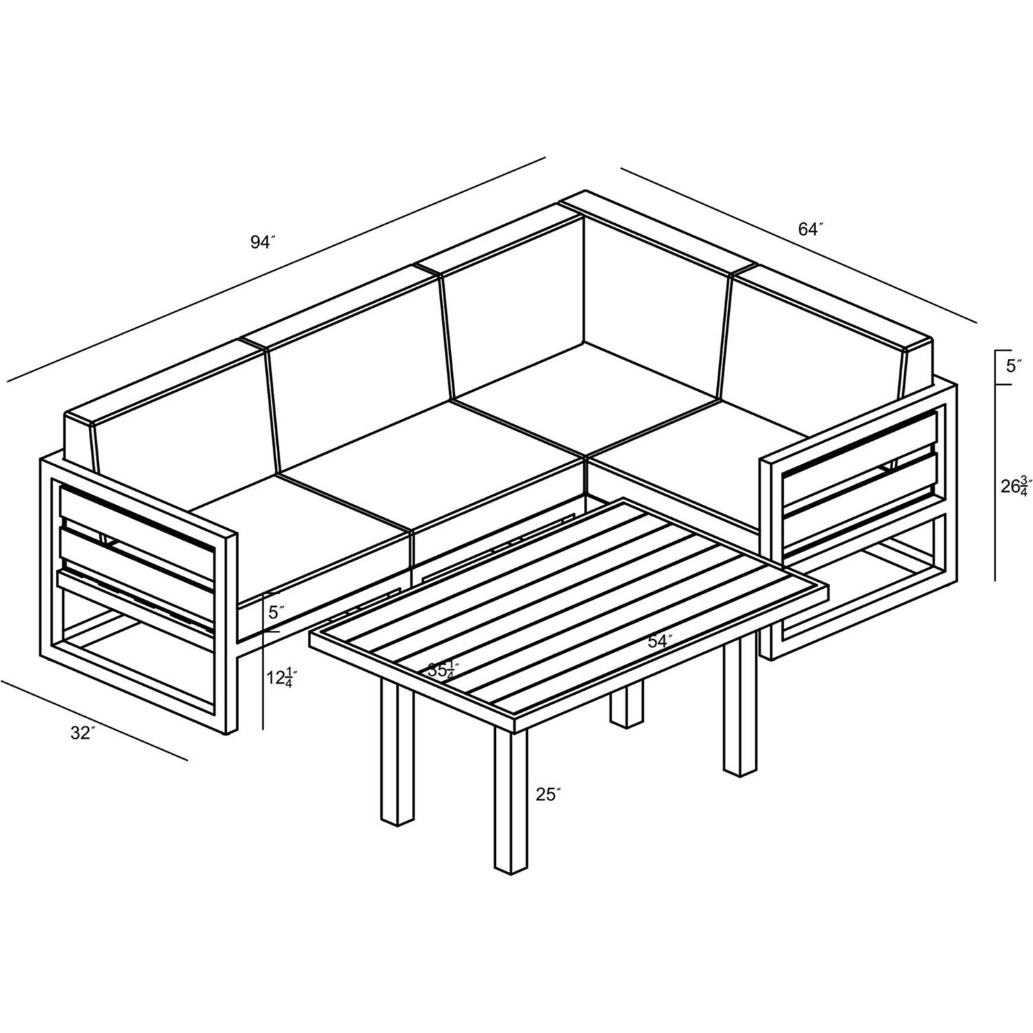 Lakeview MSTYCV-BK-SET203-IN Misty Cove 5 Pc Aluminum Sectional Set in Black w/Chat Table & Spectrum Indigo Cushions by Lakeview Outdoor Designs - Line Drawing - Dimensional thumbnail