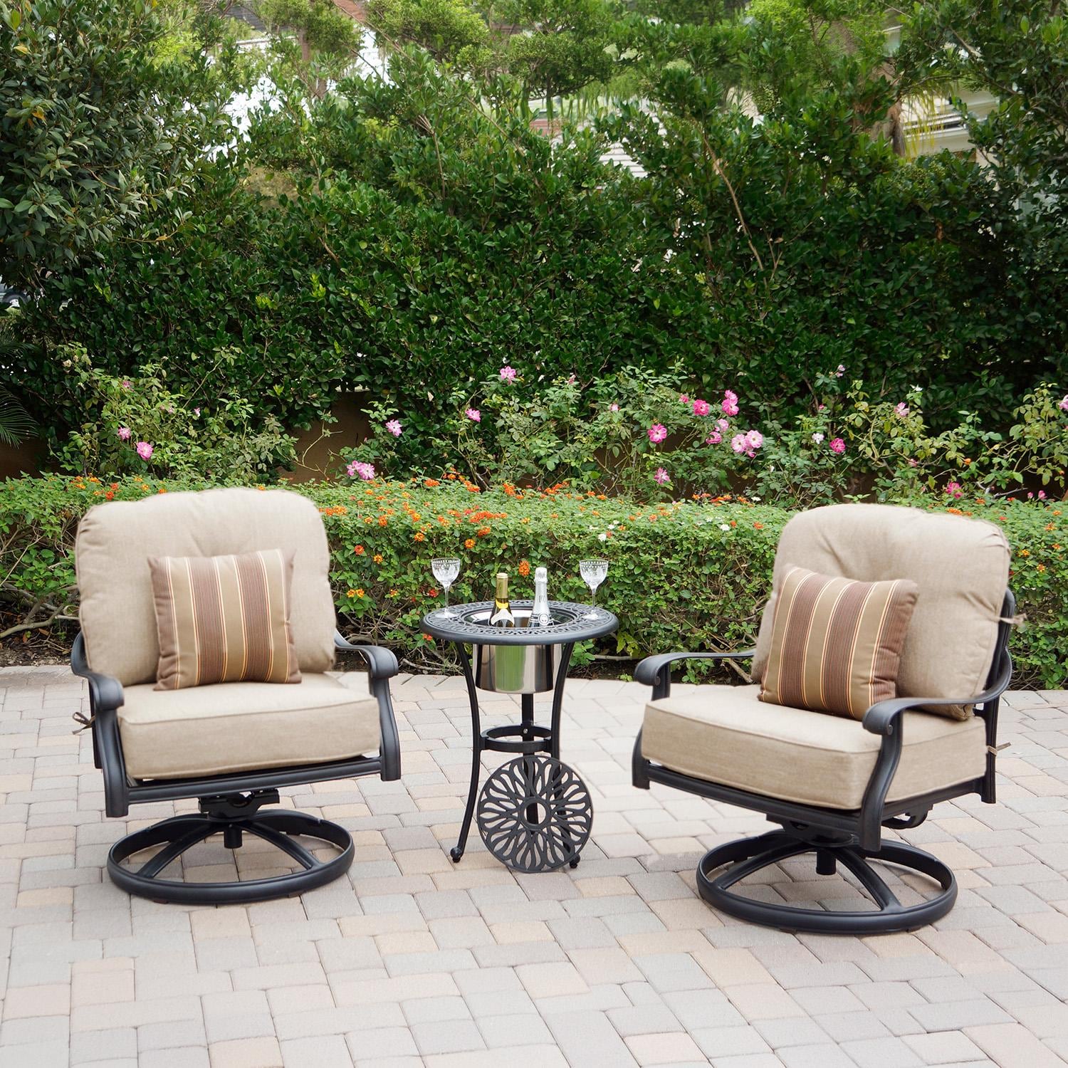 Darlee Elisabeth 3-Pc Seating Set w/ 21-Inch Round Ice Bucket End Table & Throw Pillows in Antique Bronze/Beige - Full Set - Lifestyle thumbnail