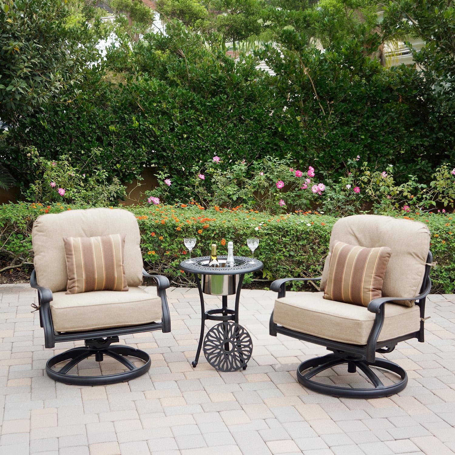 Elisabeth 3 Pc Cast Aluminum Seating Set w/ 21 Inch Round Ice Bucket End Table & Throw Pillows in Antique Bronze/Beige by Darlee