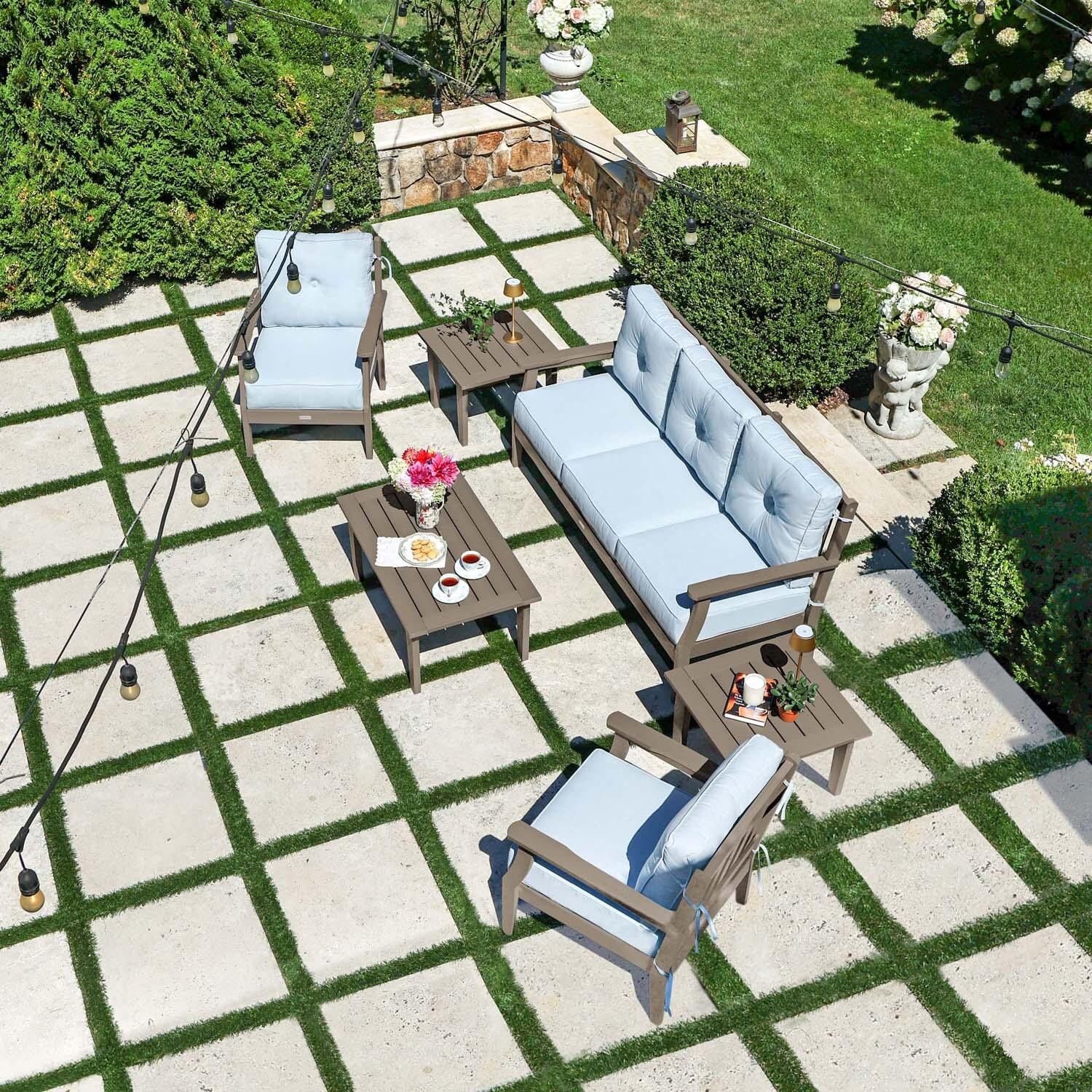 Blushing Bay 6 Pc Recycled Plastic Seating Set w/ Sofa in Bliss Dew/Woodland Brown by Lakeview Outdoor Designs - Top View - Lifestyle thumbnail