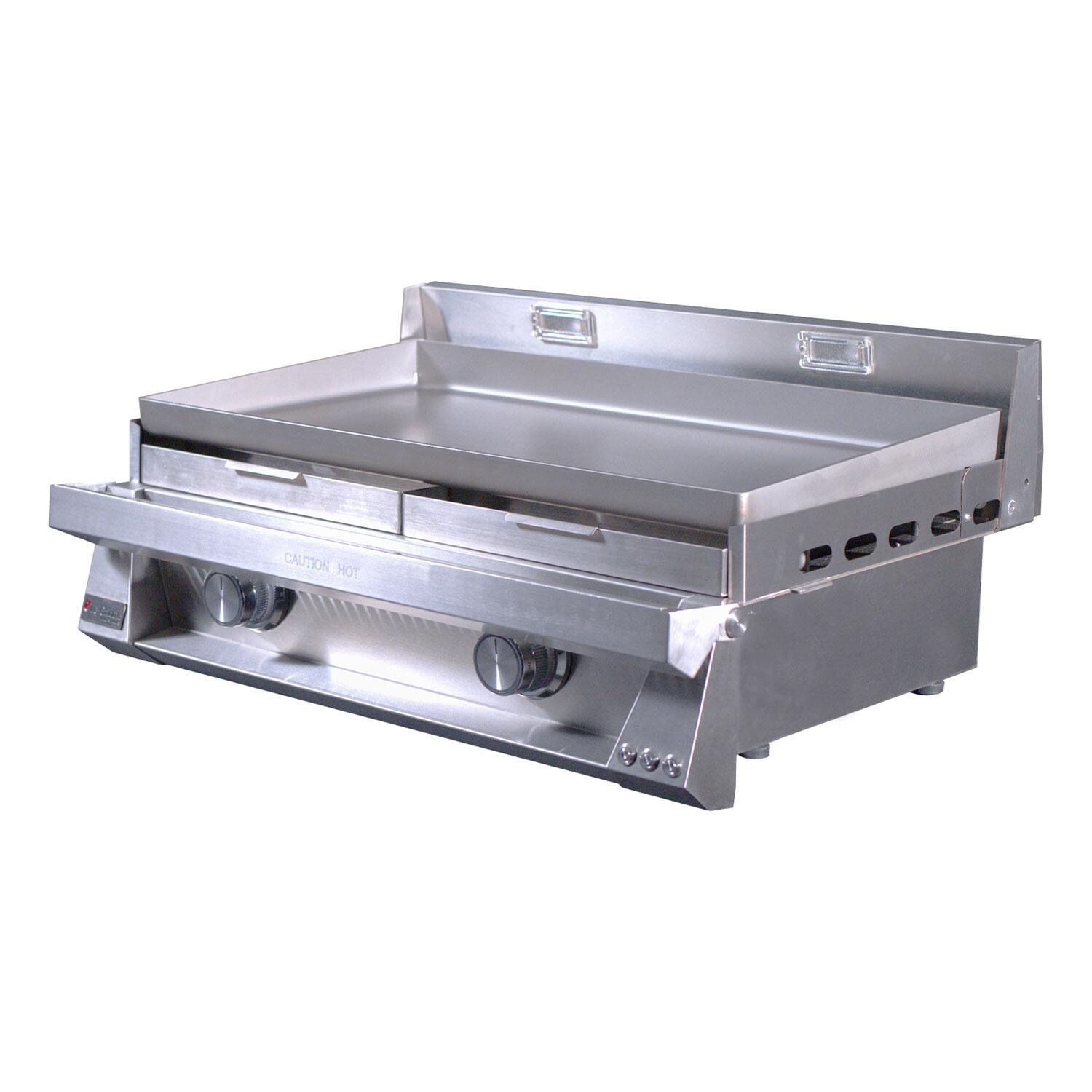 Le Griddle Pro Series 75 30-in 2 Burner Built-In Propane Flat Top Grill w/ 6mm Plate & Lid - Trays Inserted - Grill Off - White Background thumbnail
