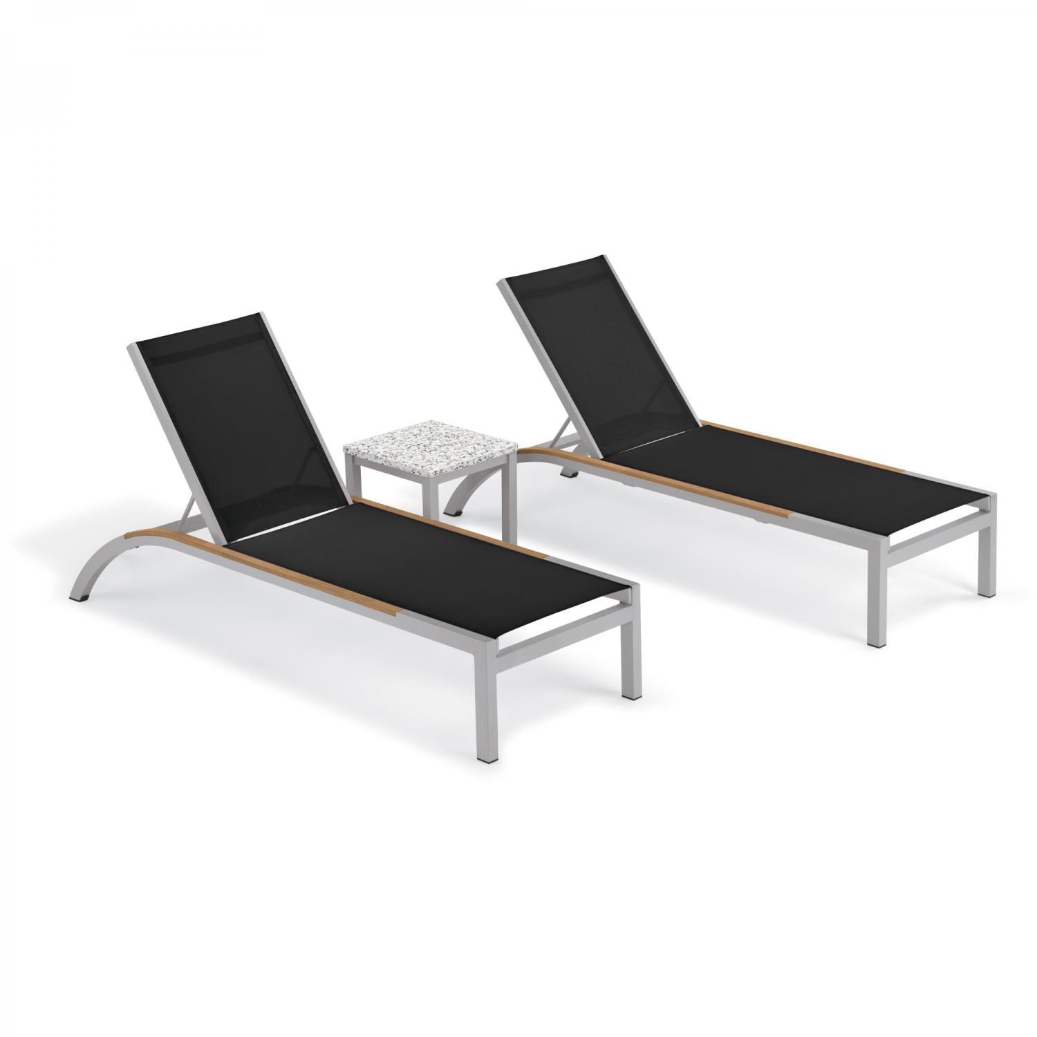 Argento 3 Piece Aluminum Patio Chaise Lounge Set W/ Tekwood Natural Side Rails & Lite-Core Ash End Table By Oxford Garden - Black Sling image