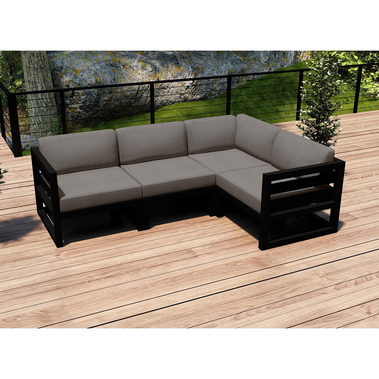 Lakeview MSTYCV-BK-4SEC-CC Misty Cove 4 Pc Aluminum Sectional Set in Black w/Canvas Charcoal Cushions by Lakeview Outdoor Designs - Set on Deck - Lifestyle thumbnail