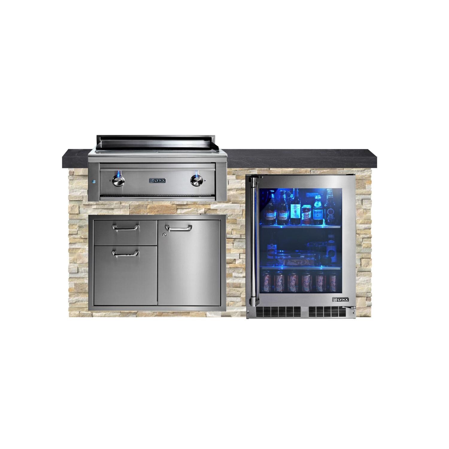 BBQGuys Signature 6ft Luxury Outdoor Kitchen w/ Lynx Professional 30-Inch Propane Asado Grill & Refrigertor - Golden Honey Stone w/ Black Polished Granite