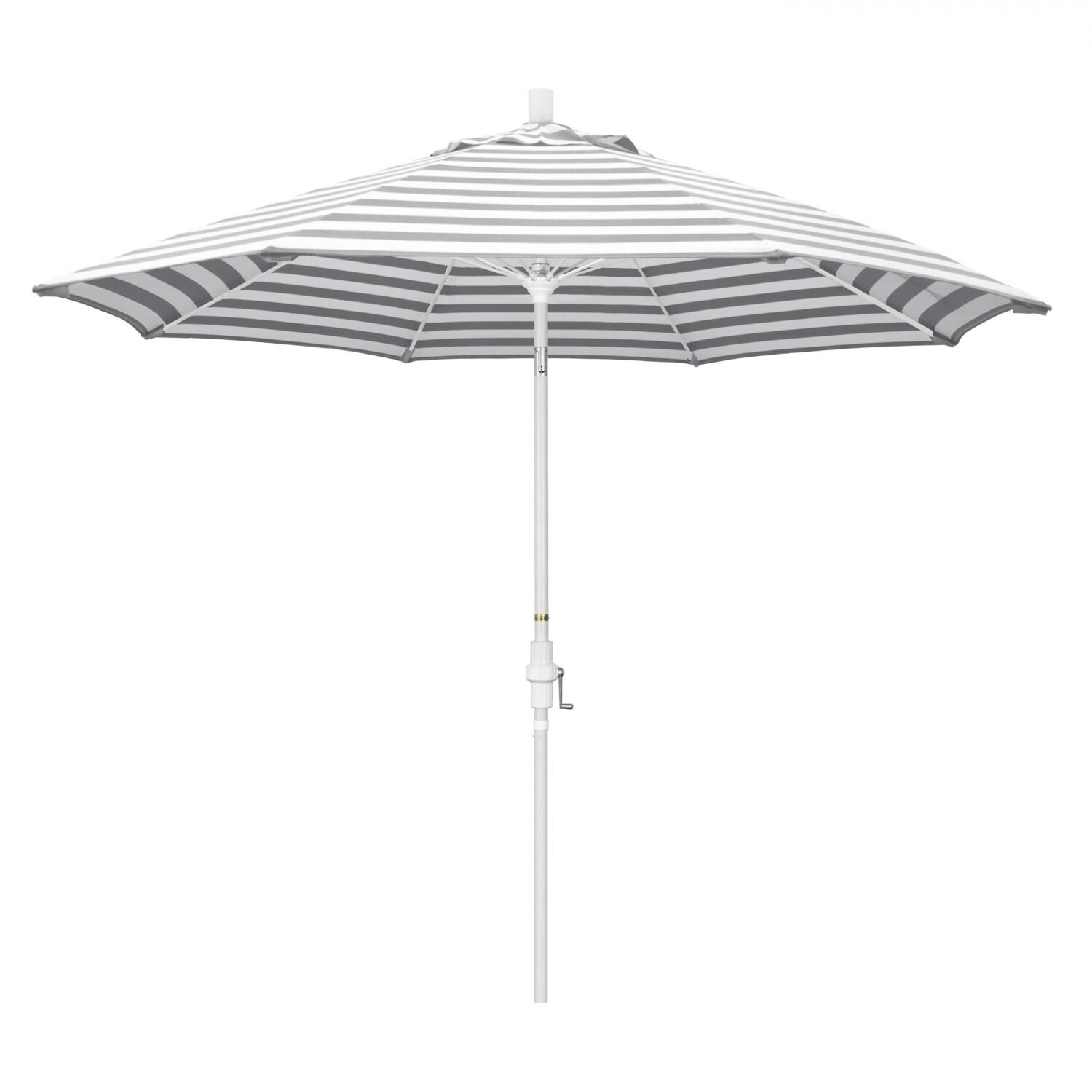 California Umbrella Sun Master Series 9 Ft Octagonal Aluminum Collar Tilt Patio Umbrella W/ Crank Lift & Fiberglass Ribs - Matted White Frame / Olefin Gray White Cabana Stripe Canopy image