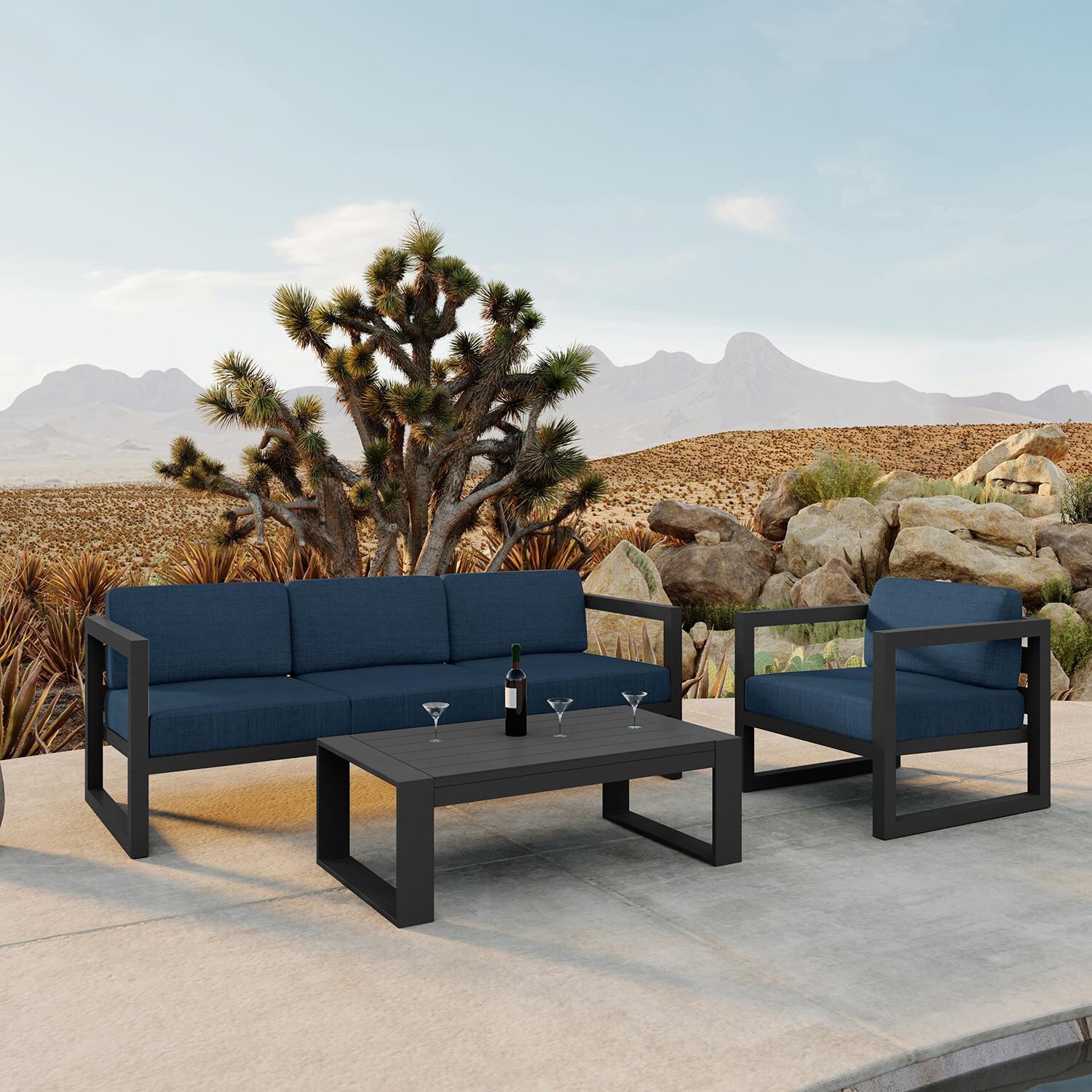 Misty Cove 3 Piece Seating Set In Slate w/Portal Coffee Table & Spectrum Indigo Cushions by Lakeview - Lifestyle thumbnail