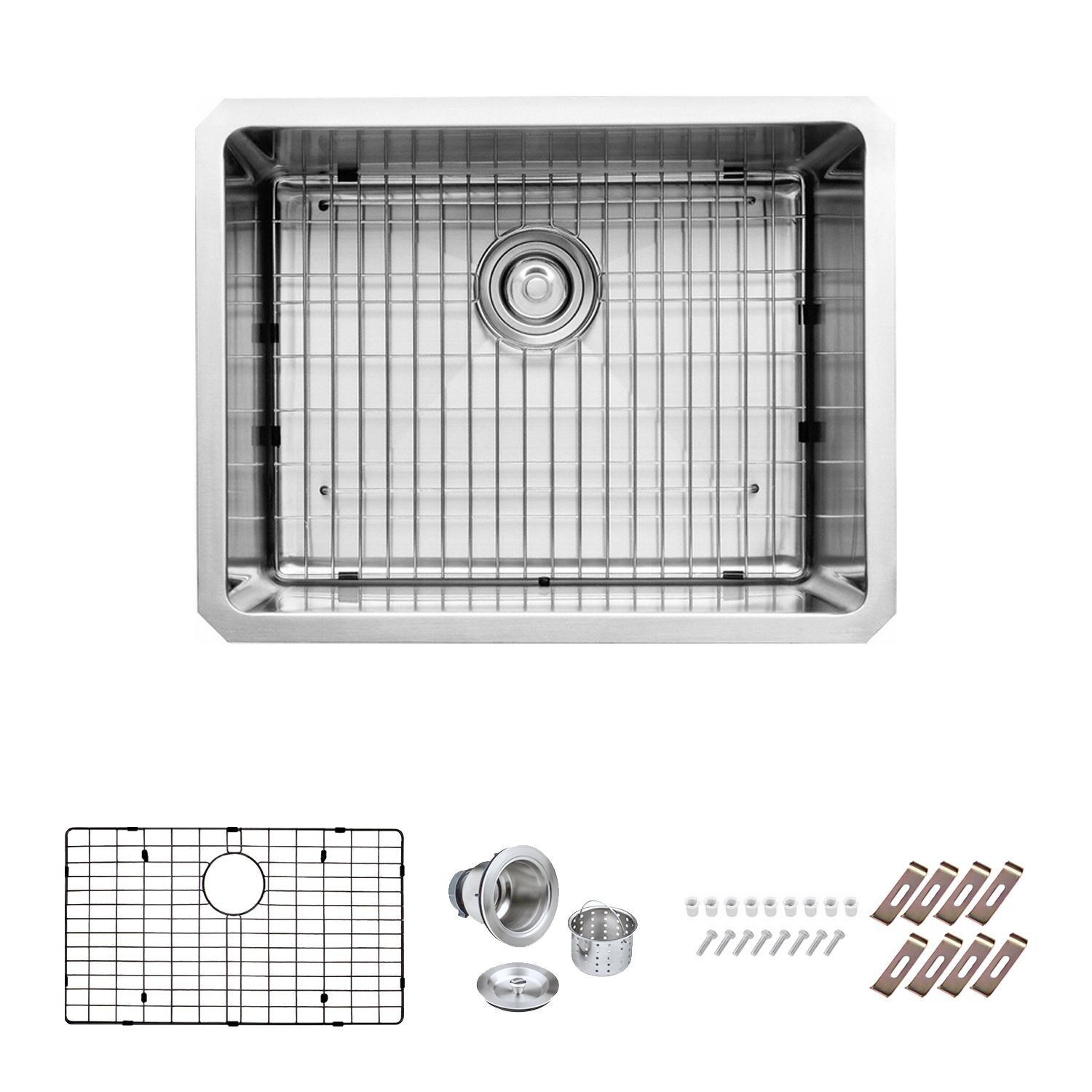 BBQGuys Signature Undermount Stainless Steel 24-Inch Single Bowl Kitchen Sink W/ Grid & Strainer Drain - BBQ-24SNK-SS