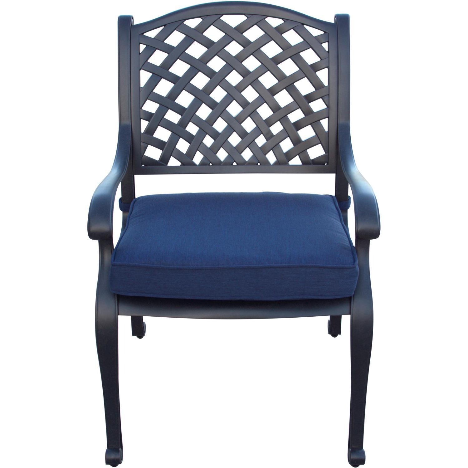 Darlee Nassau 9-Piece Patio Dining Set with Navy Blue Cushions and 64 Inch Square Dining Table - Chair W/ Cushion Front - White Background thumbnail