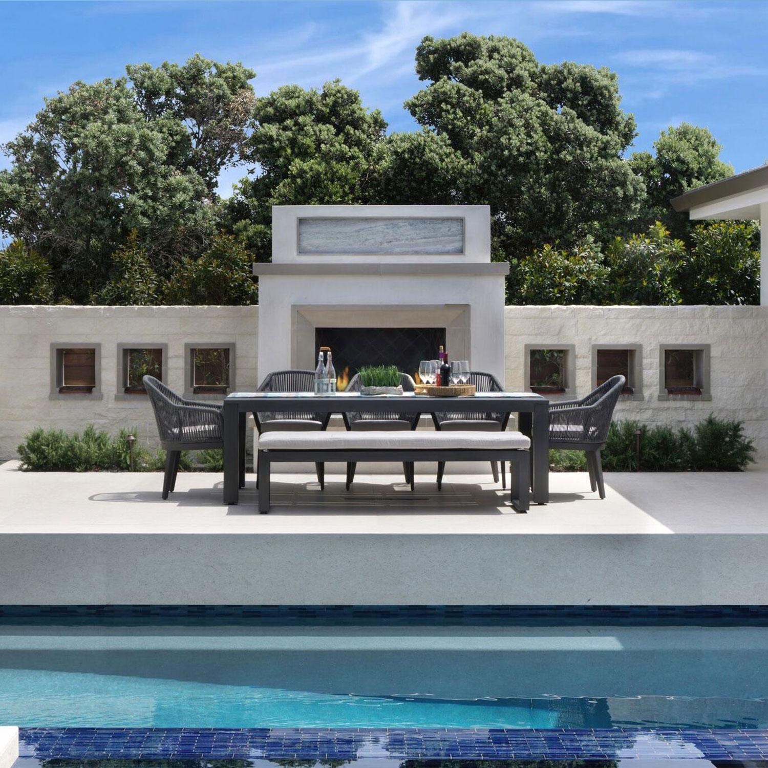 Milano Olefin Rope & Aluminum Patio Dining Chair in Dupione Celeste w/ Self Welt By Sunset West - By The Pool - Shown in Echo Ash finish (Only One Dining Chair Included) - Lifestyle thumbnail