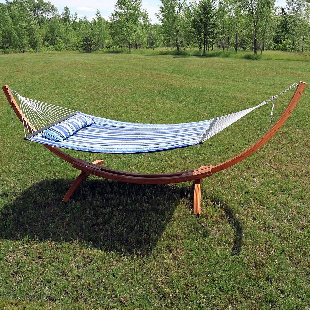 Ultimate Patio Quilted Double Hammock w/ 12-Foot Wood Stand & Pillow - Catalina Beach - Lifestyle thumbnail