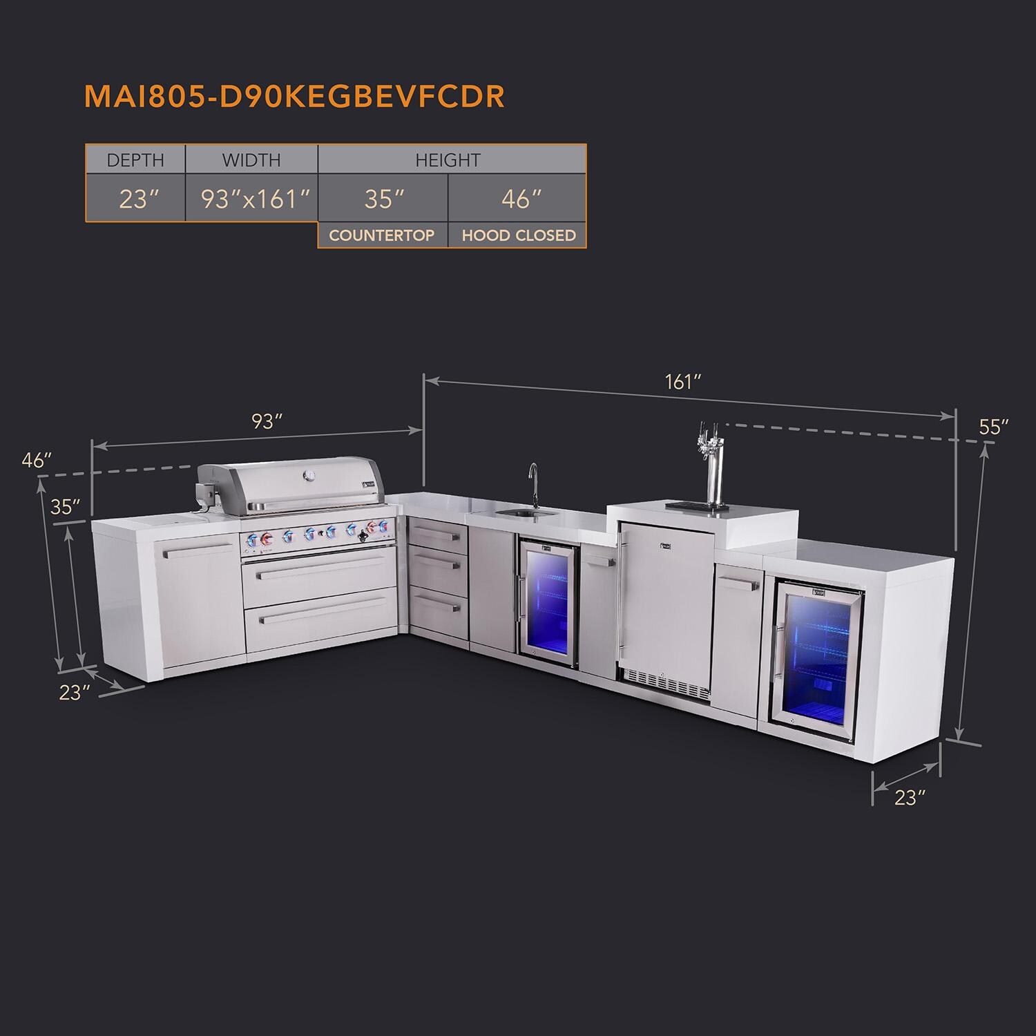 Mont Alpi Deluxe Series 12 Ft L-Shaped Natural Gas Outdoor Kitchen Island w/ 32-in Grill, Side Burner, Beverage Center, Kamado Module & Triple Drawer (Ships Propane w/ Conversion Kit) - Dimensions - Dimensional thumbnail