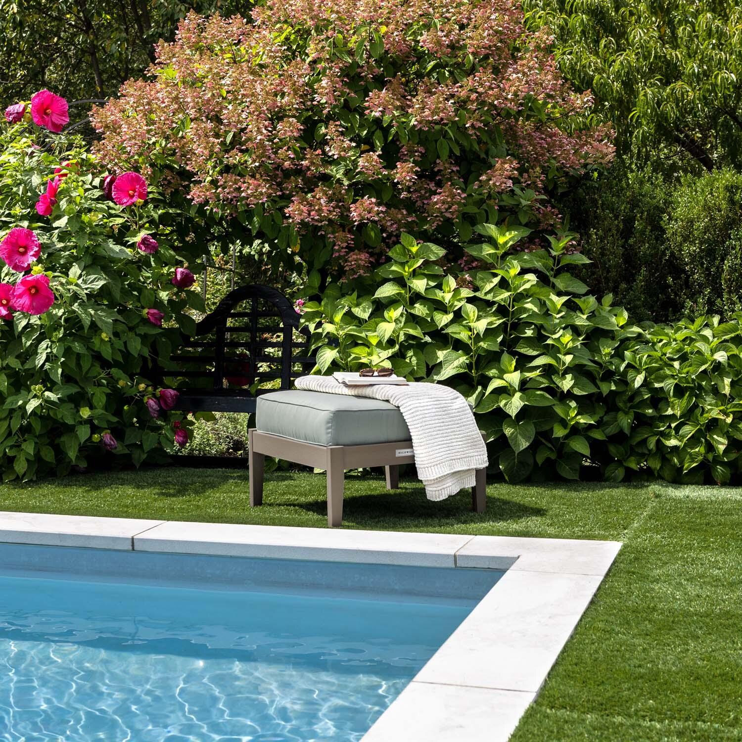 Blushing Bay Recycled Plastic Ottoman in Canvas Seasalt/Woodland Brown by Lakeview Outdoor Designs - By Pool - Lifestyle thumbnail