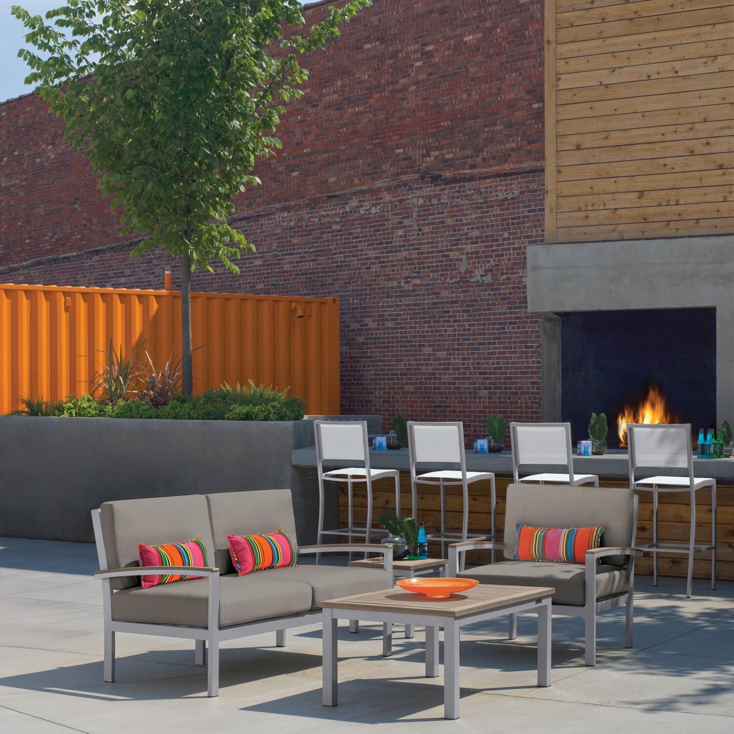 Oxford Garden Travira 2 Person Aluminum Loveseat W/ Vintage Tekwood Arm Caps in Flint/Stone - Conversation Set thumbnail