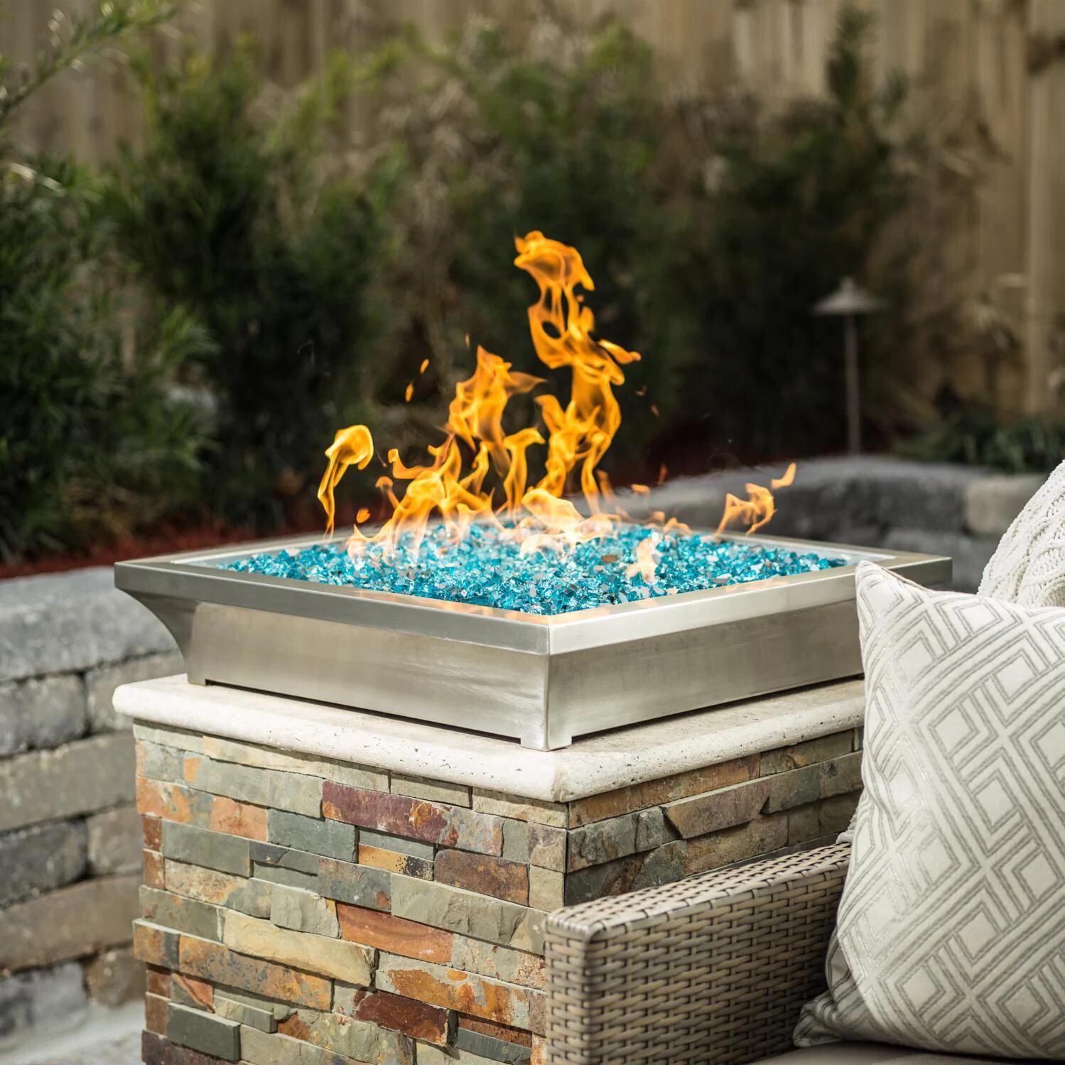 BBQGuys Signature Lavelle 24-Inch Square Low-Rise Natural Gas Column Fire Bowl - Stainless Steel