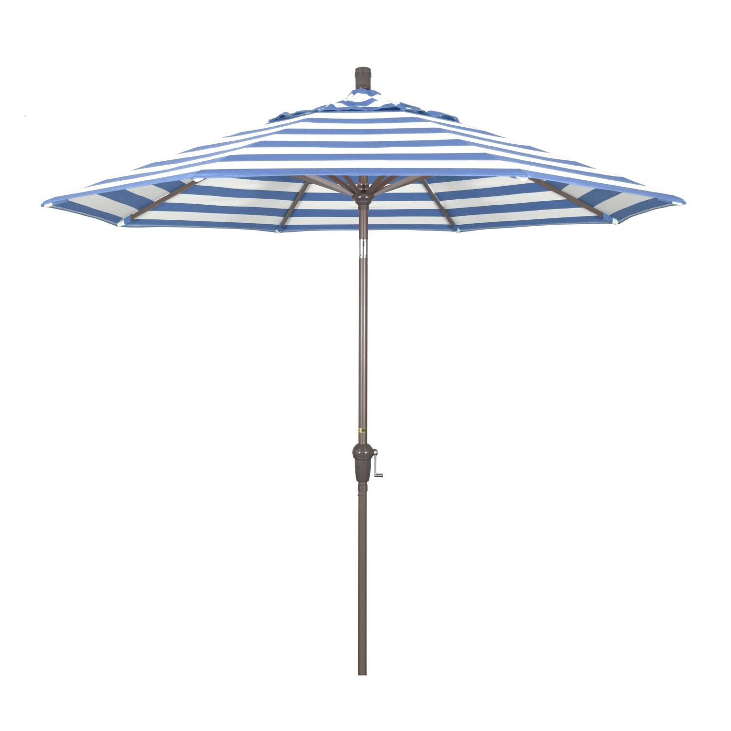California Umbrella Sunset Series 9 Ft Octagonal Aluminum Auto Tilt Patio Umbrella W/ Crank Lift - Champagne Frame / Sunbrella Cabana Regatta Canopy