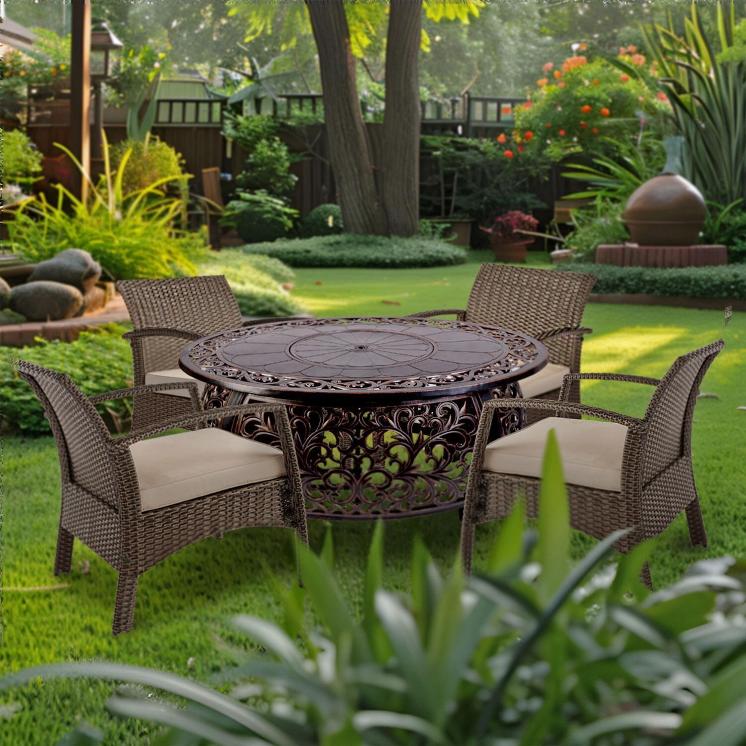 WestCay 5 Pc Resin Wicker Fire Pit Seating Set in Antique Bronze by Ultimate Patio - Set - Lifestyle thumbnail