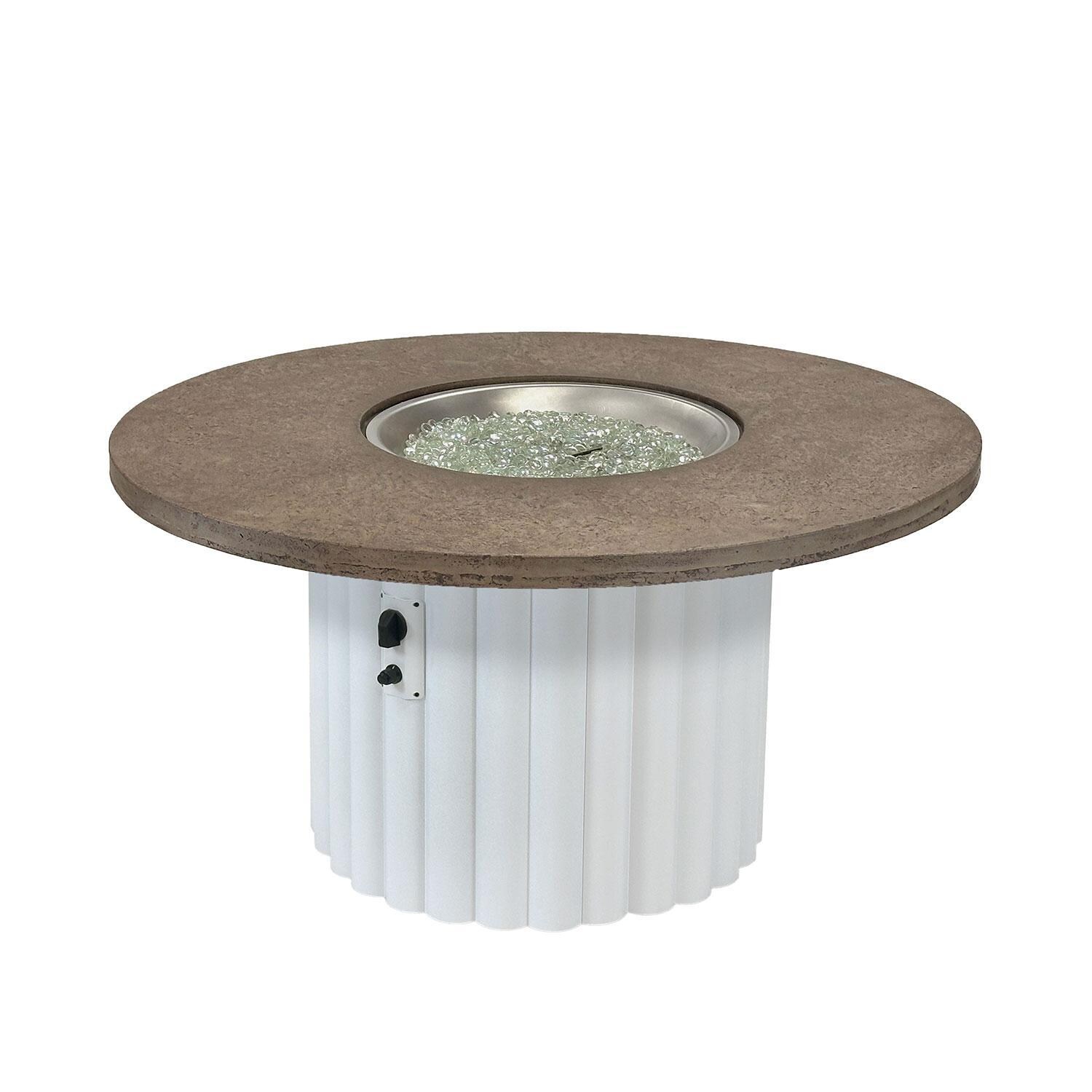 Reverie 48-in Round Aluminum Propane Fire Pit Table in Fossil Brown Supercast Table Top & White Base by The Outdoor GreatRoom Company