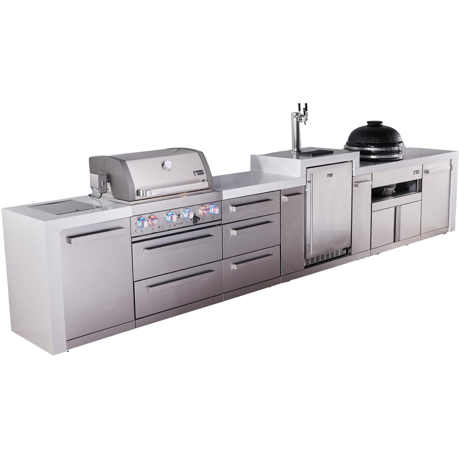 Mont Alpi Deluxe Series 15 1/2 Ft Natural Gas Outdoor Kitchen Island w/ 32-in Grill, Side Burner, Kegerator, Kamado Module & Triple Drawer (Ships Propane w/ Conversion Kit) - Angled Left - White Background thumbnail