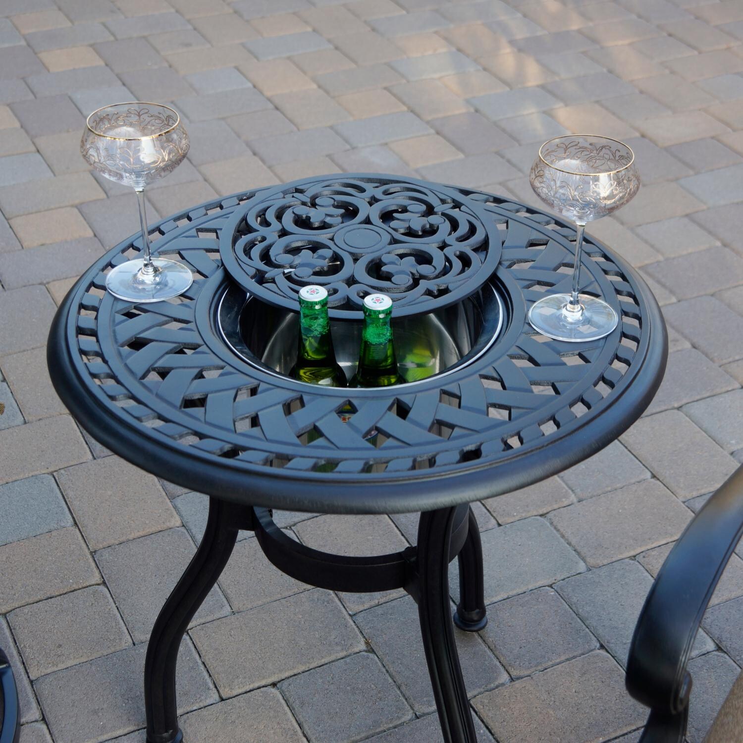 Darlee 201010-3PC-60RQ Santa Barbara 3 Piece Cast Aluminum Patio Bistro Set W/ Ice Bucket Insert & Sesame Cushions - End Table W/ Ice Bucket Insert thumbnail