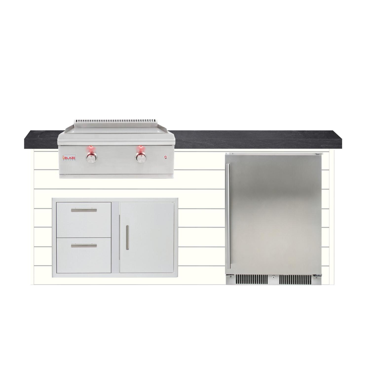 BBQGuys Signature 6ft Luxury Outdoor Island W/ Blaze Premium LTE 30-Inch Natural Gas Griddle & Outdoor Rated Refrigerator - Canvas White Steel W/ Black Polished Granite