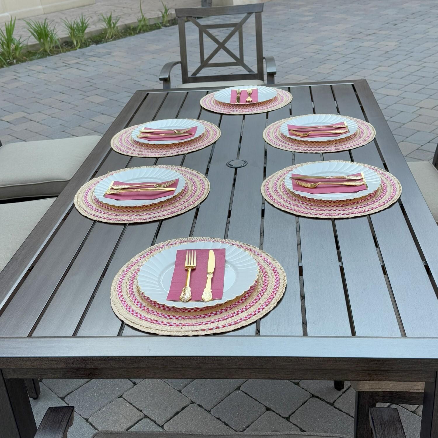 Atlantis 7 Pc Aluminum Dining Set w/ 4 Dining Side Chairs & 2 Swivel Rocker Dining Arm Chairs in Walnut/Beige by Darlee - Table Set - Lifestyle thumbnail