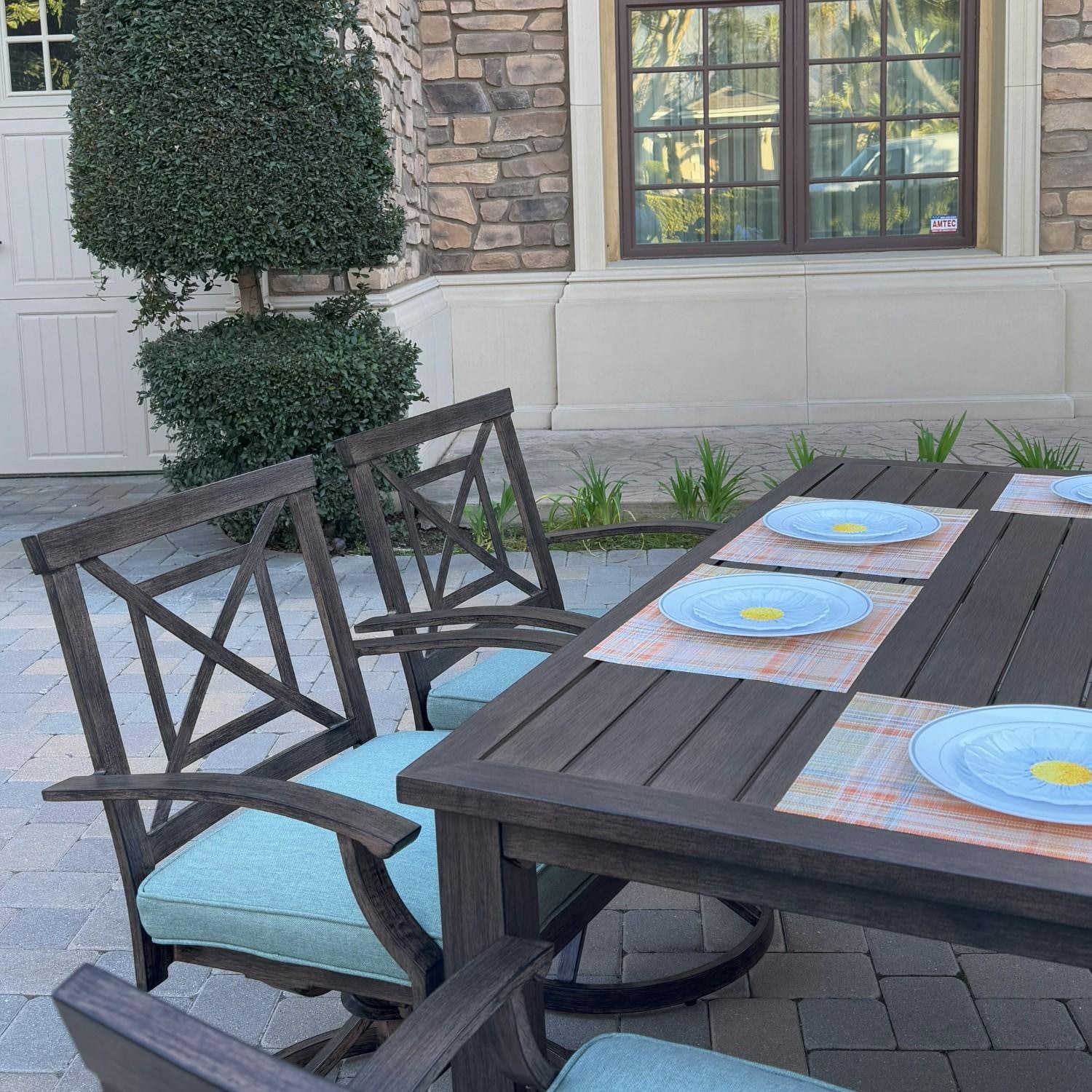 Atlantis 9 Pc Aluminum Dining Set w/ 8 Swivel Rocker Dining Arm Chairs in Walnut/Spa by Darlee - 2 Chairs At Table - Lifestyle thumbnail